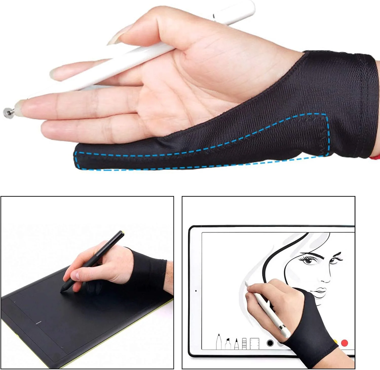 دستکش طراحی دو انگشتی Kawn® ضد لک برای تبلت گرافیکی، طراحی روی کاغذ M