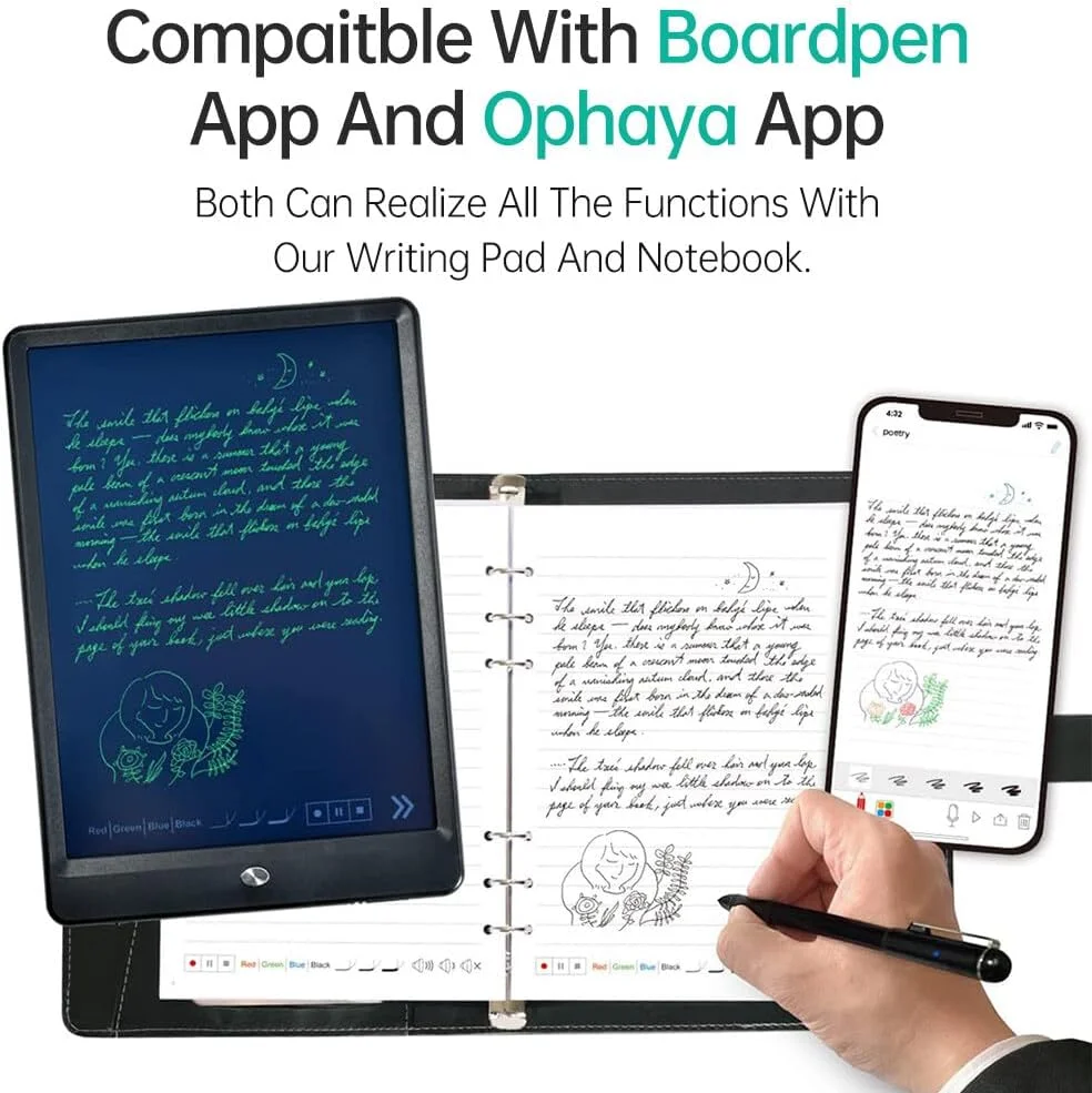 مجموعه قلم هوشمند دیجیتال Fawoonu شامل قلم هوشمند، دفترچه یادداشت A5 PU هوشمند، تبلت نوشتن قابل استفاده مجدد و کاغذ B5، اتصال بی سیم BT سازگار با برنامه های dpen و Ophaya مجموعه قلم هوشمند دیجیتال Fawoonu شامل قلم هوشمند، دفترچه یادداشت A5 PU هوشمند، تبلت نوشتن قابل استفاده مجدد و کاغذ B5، اتصال بی سیم BT سازگار با برنامه های dpen و Ophaya