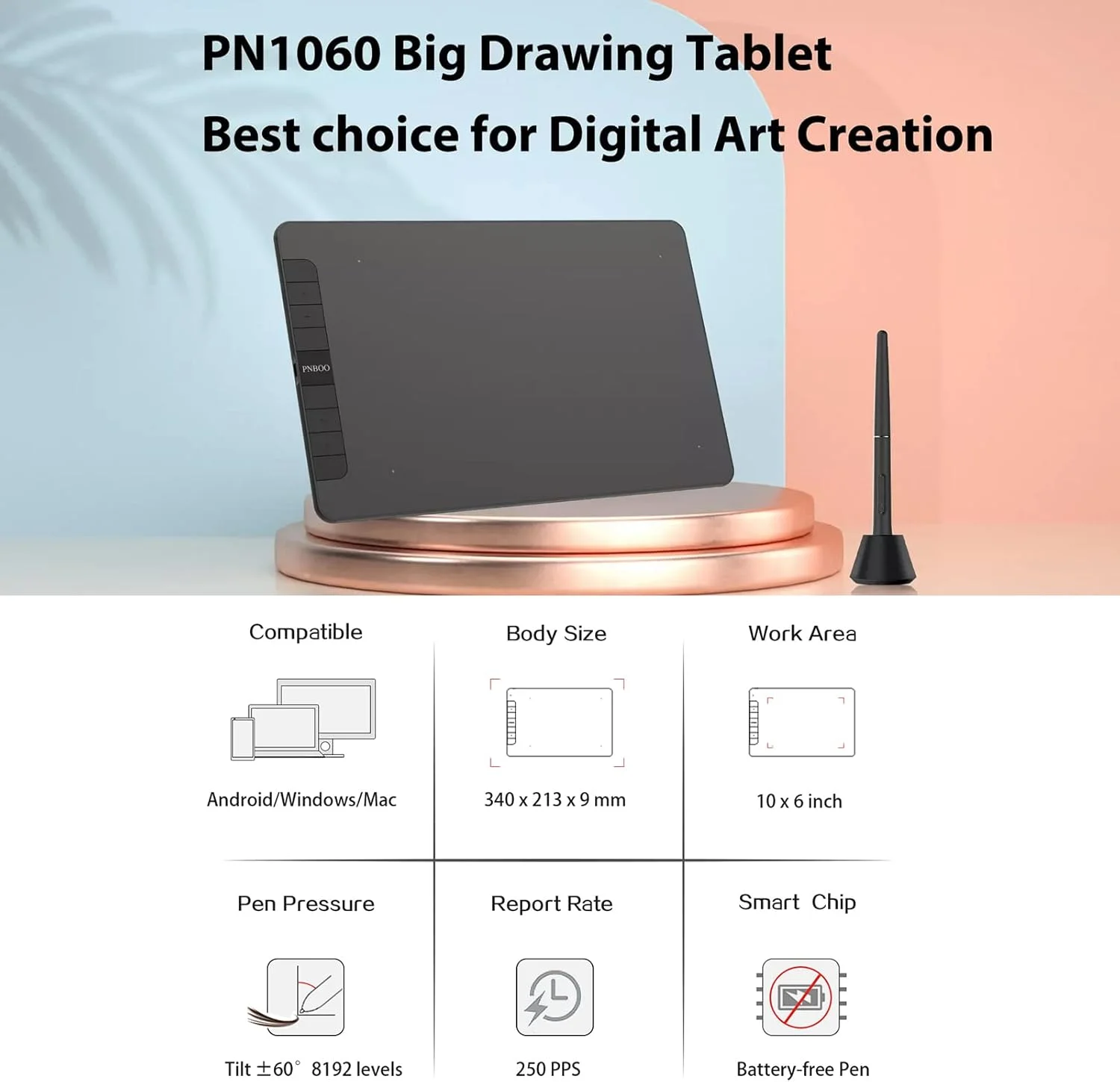 تبلت طراحی گرافیکی Fawoonu PN1060 با محدوده فعال 10 در 6 اینچ، 8192 سطح حساسیت به فشار، عملکرد شیب، مناسب برای طراحی انیمیشن هنری به همراه قلم بدون نیاز به باتری، 28 نوک قلم برای لپ تاپ و کامپیوتر سازگار با تبلت طراحی گرافیکی Fawoonu PN1060 با محدوده فعال 10 در 6 اینچ، 8192 سطح حساسیت به فشار، عملکرد شیب، مناسب برای طراحی انیمیشن هنری به همراه قلم بدون نیاز به باتری، 28 نوک قلم برای لپ تاپ و کامپیوتر سازگار با