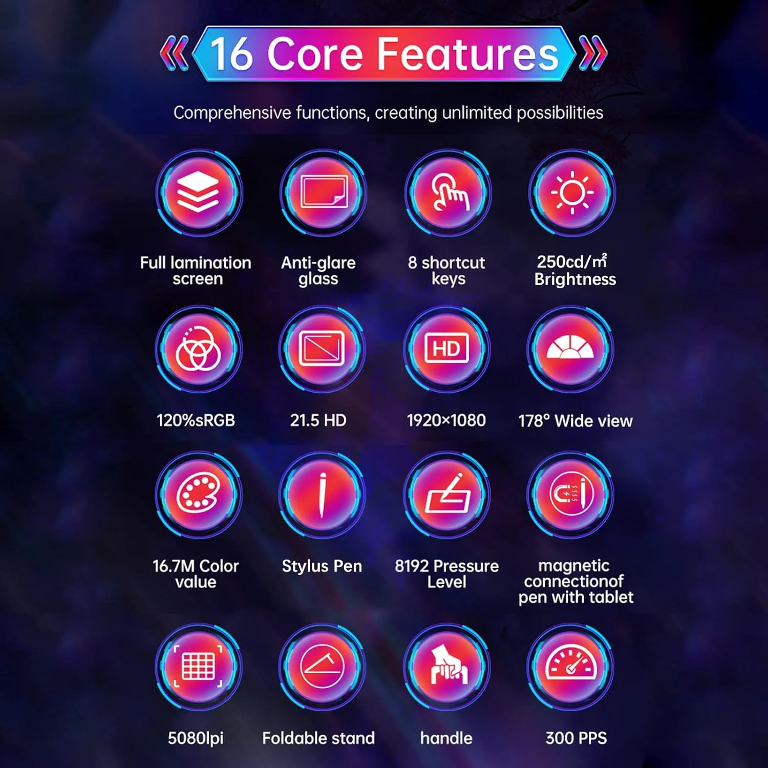 تبلت طراحی Fawoonu X7 با صفحه نمایش LCD نوع H-IPS، سایز 21.5 اینچ، تبلت طراحی گرافیکی با عملکرد Tilt، پد طراحی هنری دیجیتال با 8192 سطح فشار، 8 کلید میانبر قابل تنظیم، پایه قابل تنظیم و سازگار