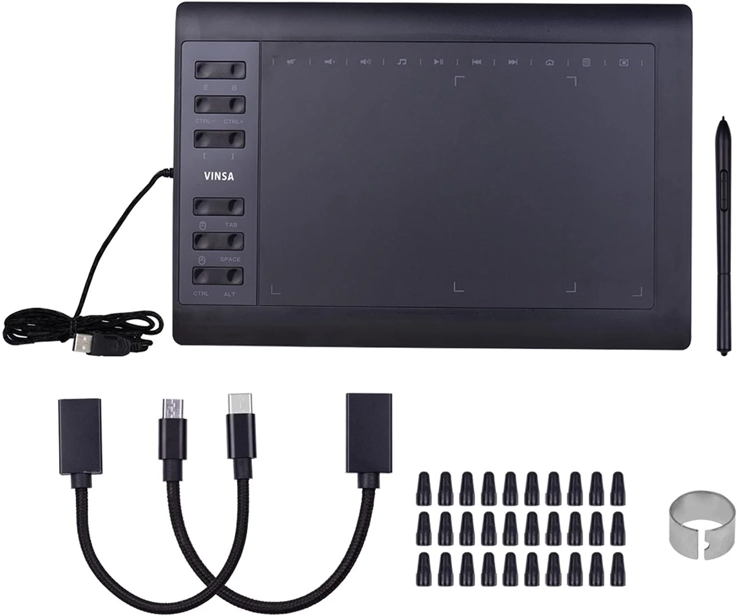 تبلت طراحی گرافیکی حرفه ای ertg سایز 10x6 اینچ، 12 کلید میانبر، قلم بدون نیاز به باتری با 8192 سطح حساسیت، 30 عدد نوک قلم، گیره قلم، 2 عدد کابل OTG، پشتیبانی از اتصال به کامپیوتر/لپ تاپ، سازگار با ویندوز و مک