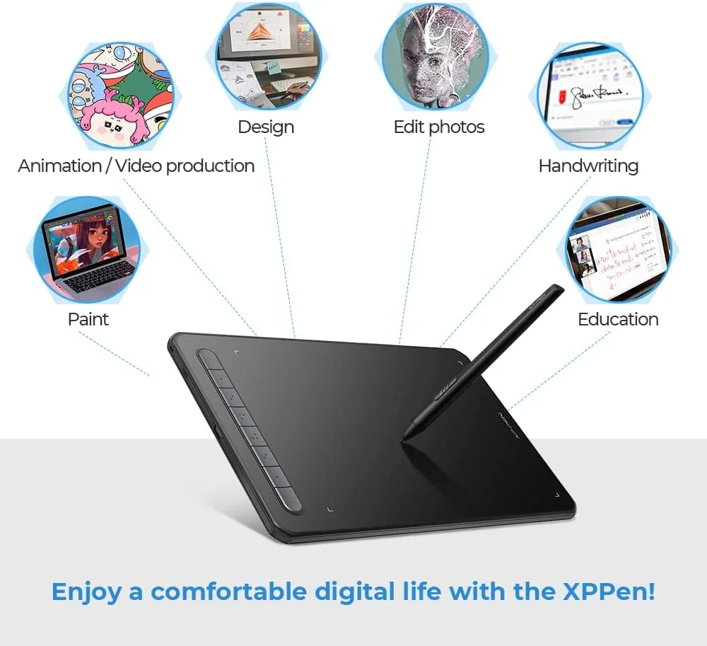 تبلت گرافیکی XP-PEN Deco M با ابعاد 8 در 5 اینچ، مناسب نقاشی، طراحی، آموزش از راه دور و کار در منزل، به همراه قلم X3 Elite، سازگار با سیستم عامل های ویندوز، مک، لینوکس و اندروید (مشکی)