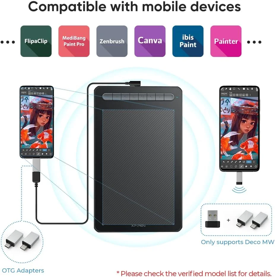 تبلت طراحی XP-PEN Deco MW تبلت گرافیکی کامپیوتر بی سیم بلوتوث، قلم X3 بدون نیاز به باتری و 8 کلید میانبر، سازگار با Chrome OS، Windows 7/8/10/11، Linux، Mac، Android (8x5 اینچ، مشکی)
