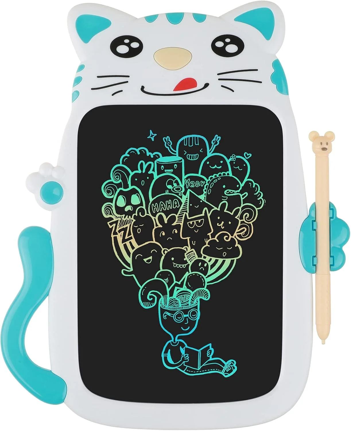 تبلت نوشتن LCD با صفحه نمایش رنگی 8.5 اینچی، تخته دست‌نویسی، پد نقاشی و طراحی گرافیتی قابل استفاده مجدد، تبلت گرافیکی دیجیتال کارتونی گربه، ابزار آموزشی برای هدیه دانش‌آموز کودک، باتری شامل می‌شود