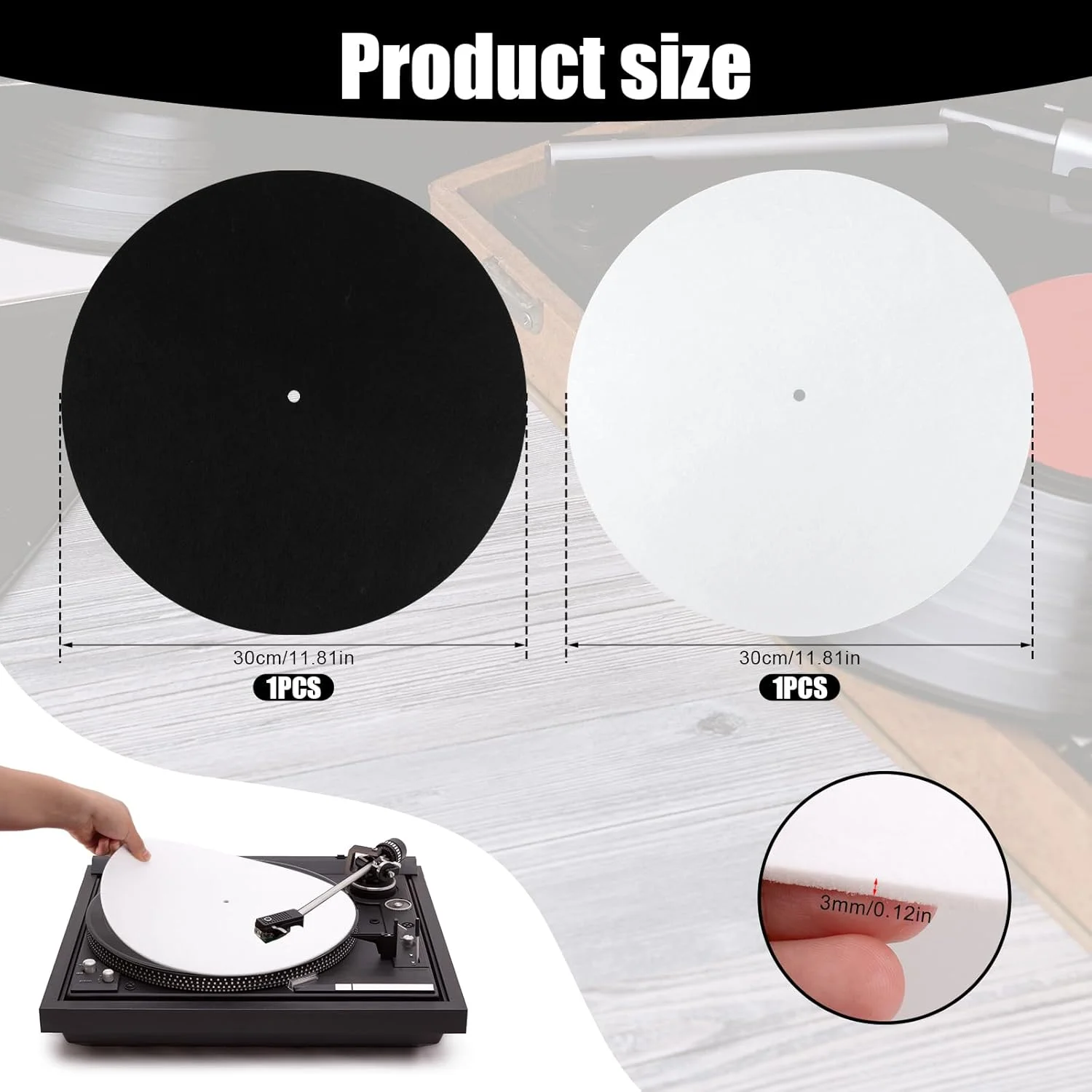دو عدد پد صفحه گرامافون، زیرانداز نمدی 12 اینچی ضد لغزش و ضد الکتریسیته ساکن برای گرامافون، پد محافظ صفحه گردان پشمی برای بهبود صدا (سیاه، سفید)