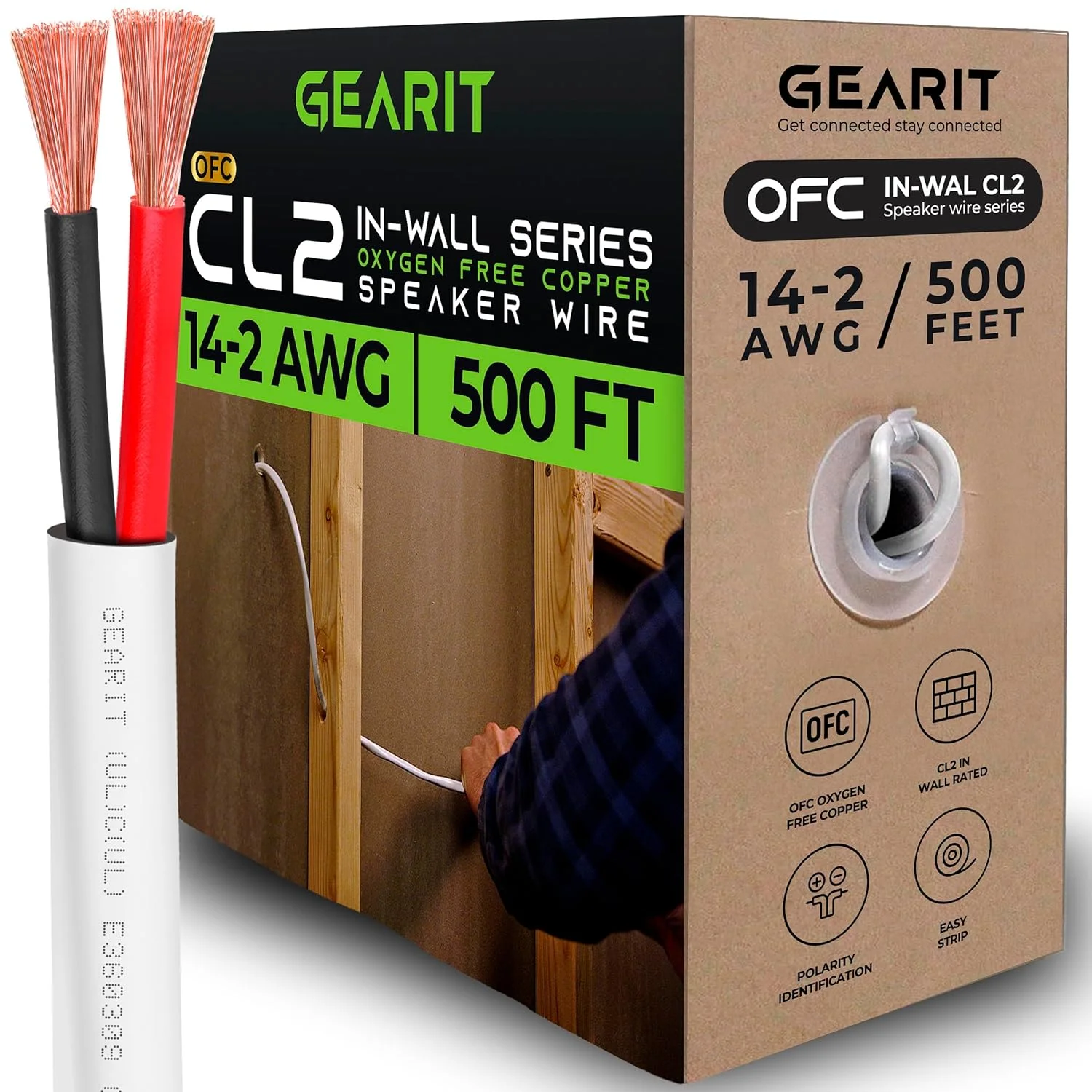 سیم بلندگوی دیواری GearIT OFC 2x2.5mm² (152.4 متر - سفید) مس بدون اکسیژن - کابل صوتی Hi-Fi برای داخل دیوار / دارای رتبه CL2 / 2 رسانا - گیج 14 AWG، 500 فوت