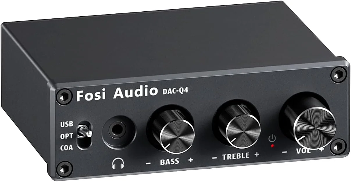 Fosi Audio Q4 - مینی استریو DAC گیمینگ و آمپلی‌فایر هدفون، 24 بیت/192 کیلوهرتز USB/Optical/Coaxial به RCA AUX، آداپتور مبدل صوتی دیجیتال به آنالوگ برای بلندگوهای خانگی/رومیزی - مشکی