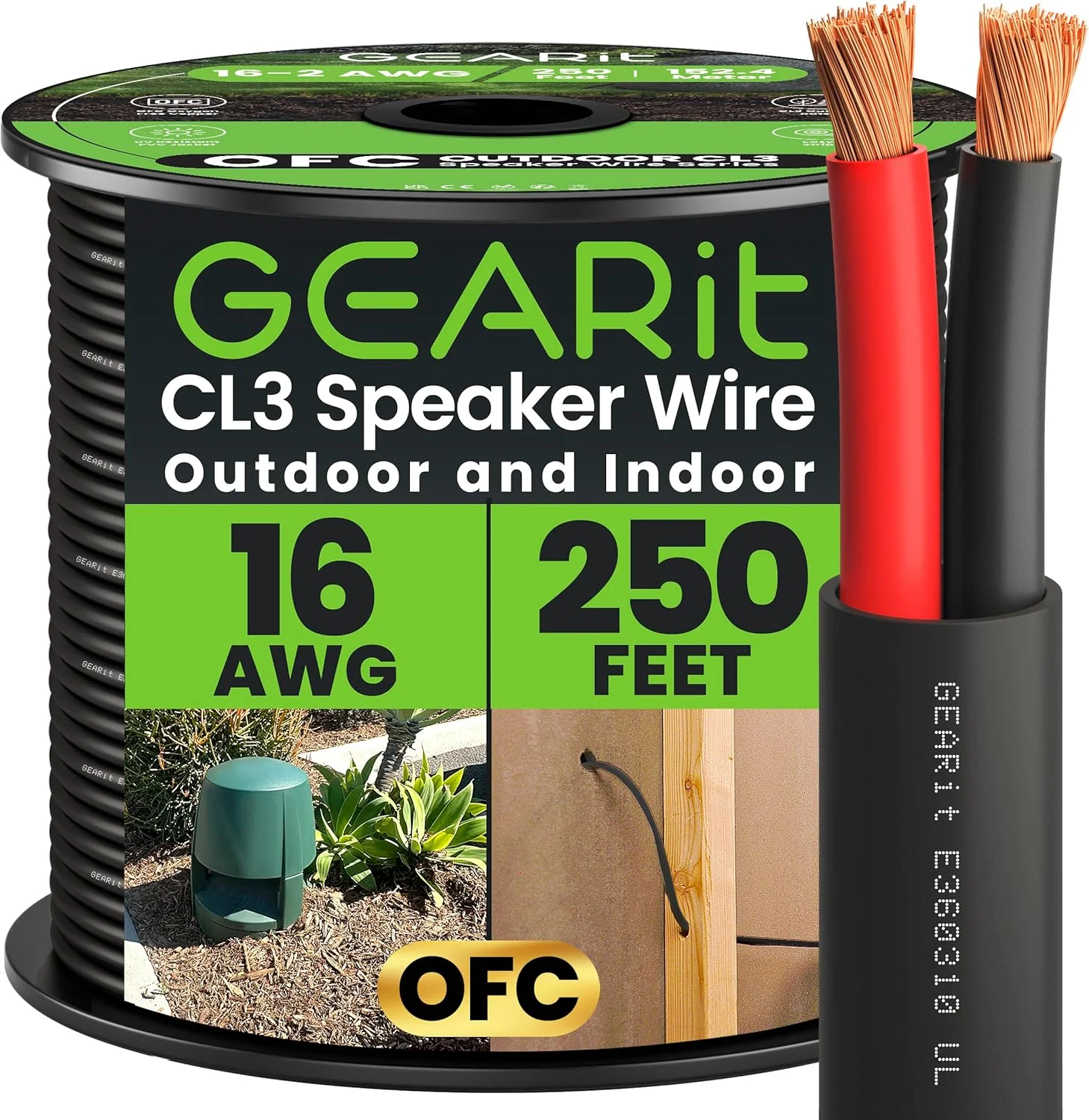 سیم بلندگوی بیرونی GearIT OFC 2x1.5mm² (76.2 متر - مشکی) مس بدون اکسیژن - کابل صوتی Hi-Fi برای دفن مستقیم در زمین/داخل دیوار / دارای رتبه CL3 CL2 / 2 رسانا - گیج 16 AWG، 250 فوت