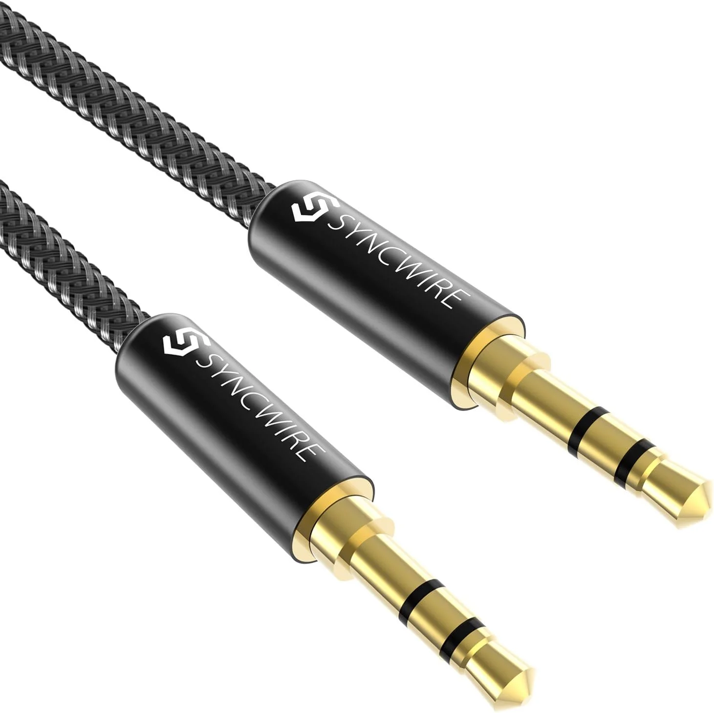 کابل AUX بافته شده نایلونی Syncwire 3.5mm (1 متر، صدای Hi-Fi)، آداپتور ورودی کمکی صدا نر به نر برای هدفون، ماشین، استریو خانگی، بلندگو، آیفون، آیپد، آیپاد، اکو و موارد دیگر - مشکی