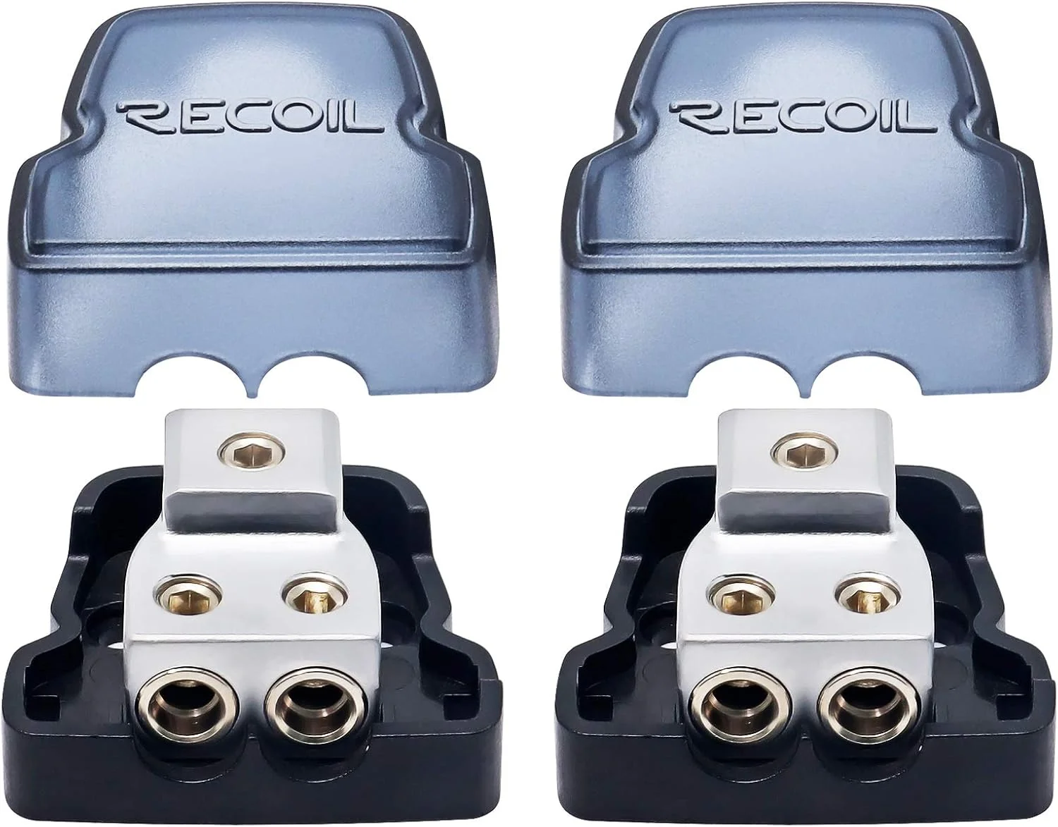 بلوک توزیع برق 2 طرفه RECOIL DB12P، 1 ورودی گیج 0/2/4 / 2 خروجی گیج 4/8، بلوک توزیع کننده زمین برای تقسیم کننده آمپلی فایر صوتی خودرو، بسته 2 عددی