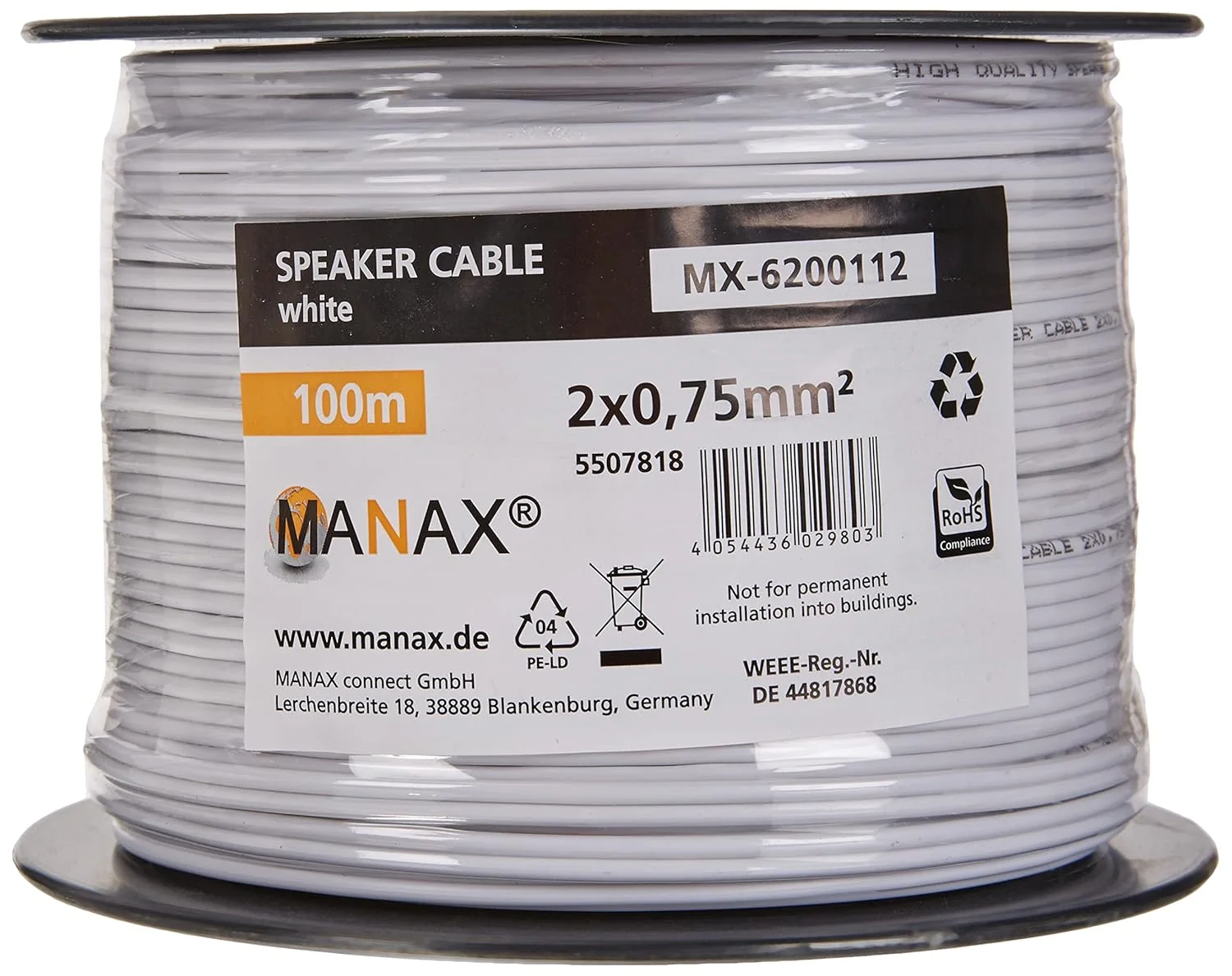 سیم افشان دو رشته MANAX® 100 متری، کابل سفید 2 هسته ای 2 x 0.75 mm² (100 متر 0.75 mm² - 1 حلقه، سفید)