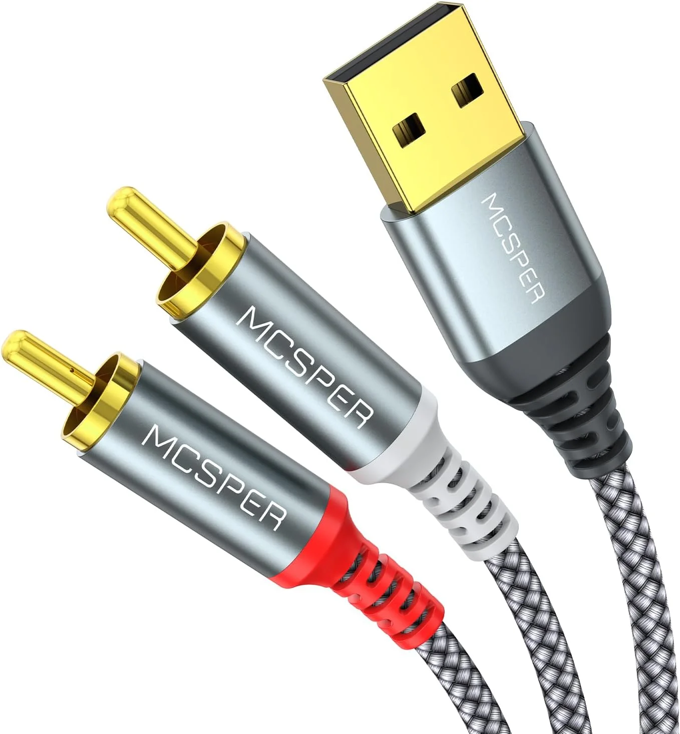 کابل صوتی USB به RCA ام‌سی‌اسپر (۲ متر)، تبدیل کننده کابل صوتی استریو USB 2.0 نر به 2 RCA نر، آداپتور USB به RCA با روکش نایلونی برای کامپیوتر، لپ تاپ، پخش کننده DVD، بلندگو، آمپلی فایر