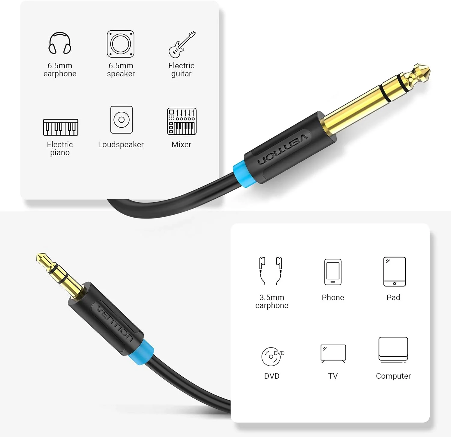 کابل استریو جک 6.35 میلی‌متری به 3.5 میلی‌متری VENTION، کابل صوتی استریو 6.35 میلی‌متری 1/4 اینچی به 3.5 میلی‌متری 1/8 اینچی نر به نر برای آیپاد، لپ‌تاپ، دستگاه‌های سینمای خانگی و آمپلی‌فایرهای میکسر (0.5 متر)