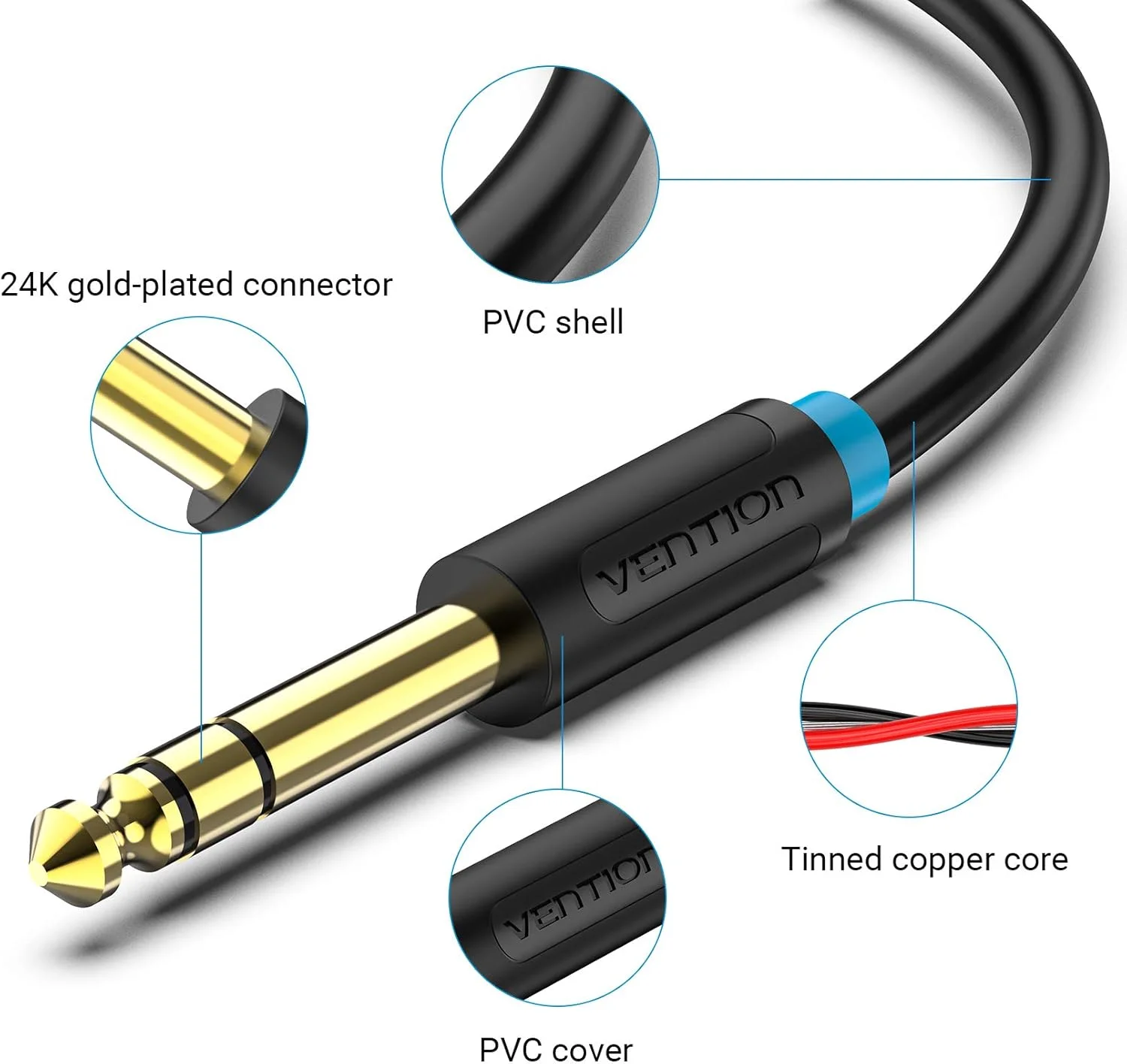کابل استریو جک 6.35 میلی‌متری به 3.5 میلی‌متری VENTION، کابل صوتی استریو 6.35 میلی‌متری 1/4 اینچی به 3.5 میلی‌متری 1/8 اینچی نر به نر برای آیپاد، لپ‌تاپ، دستگاه‌های سینمای خانگی و آمپلی‌فایرهای میکسر (0.5 متر)