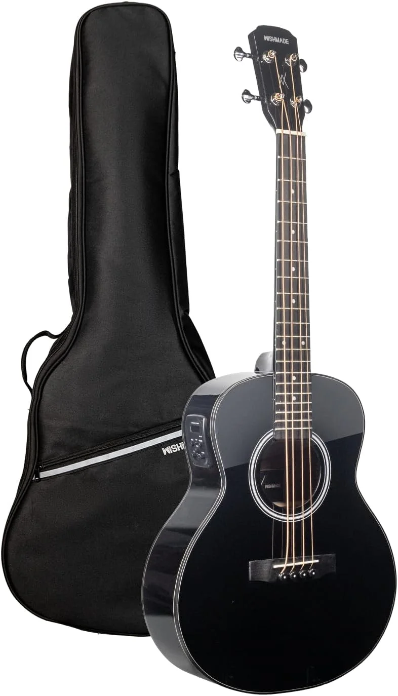 گیتار آکوستیک مینی WISHMADE | گیتارهای باس مسافرتی الکتریکی برای مبتدیان | ساختار ماهون، صفحه رویی صنوبر به همراه کیف (4 سیم مشکی)