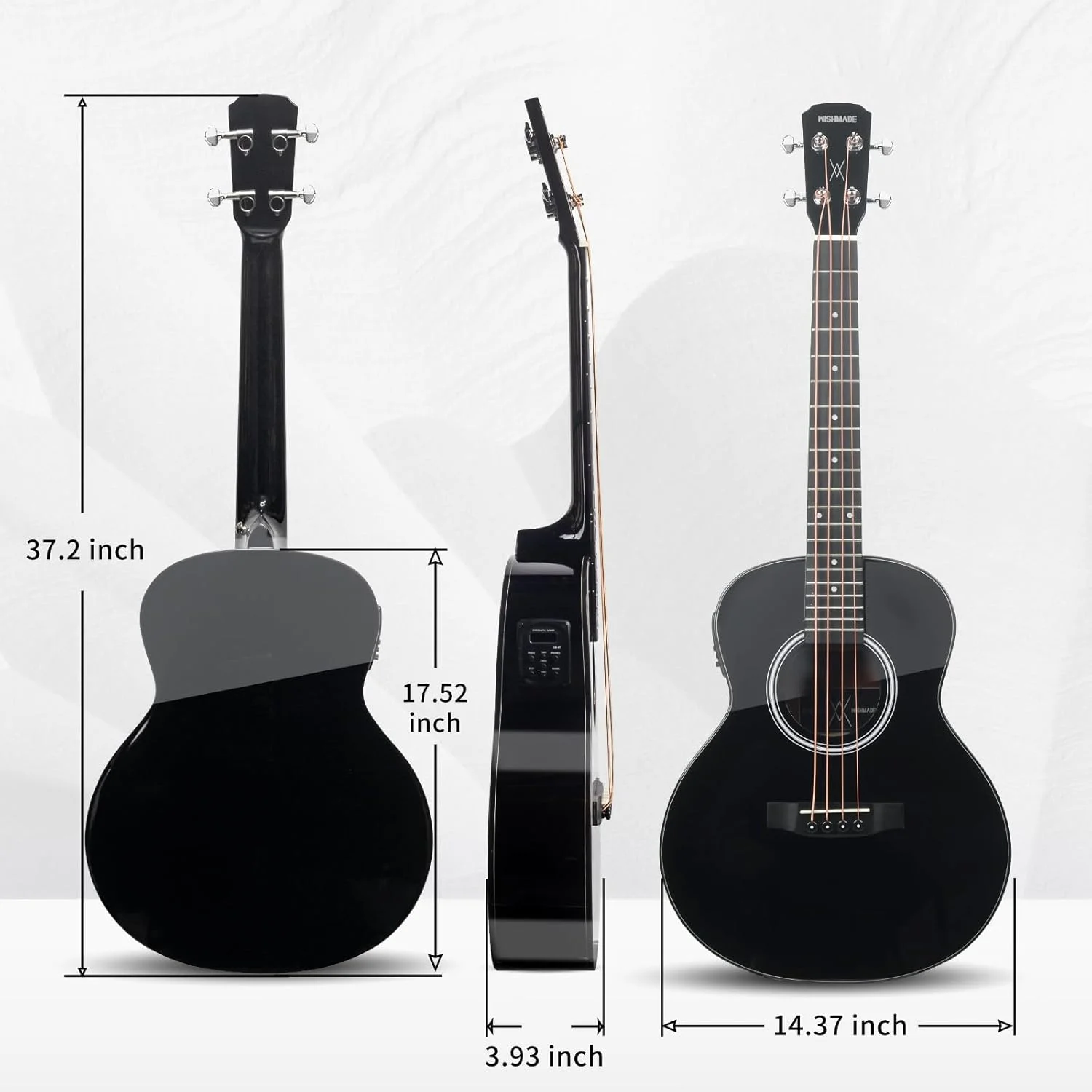 گیتار آکوستیک مینی WISHMADE | گیتارهای باس مسافرتی الکتریکی برای مبتدیان | ساختار ماهون، صفحه رویی صنوبر به همراه کیف (4 سیم مشکی)