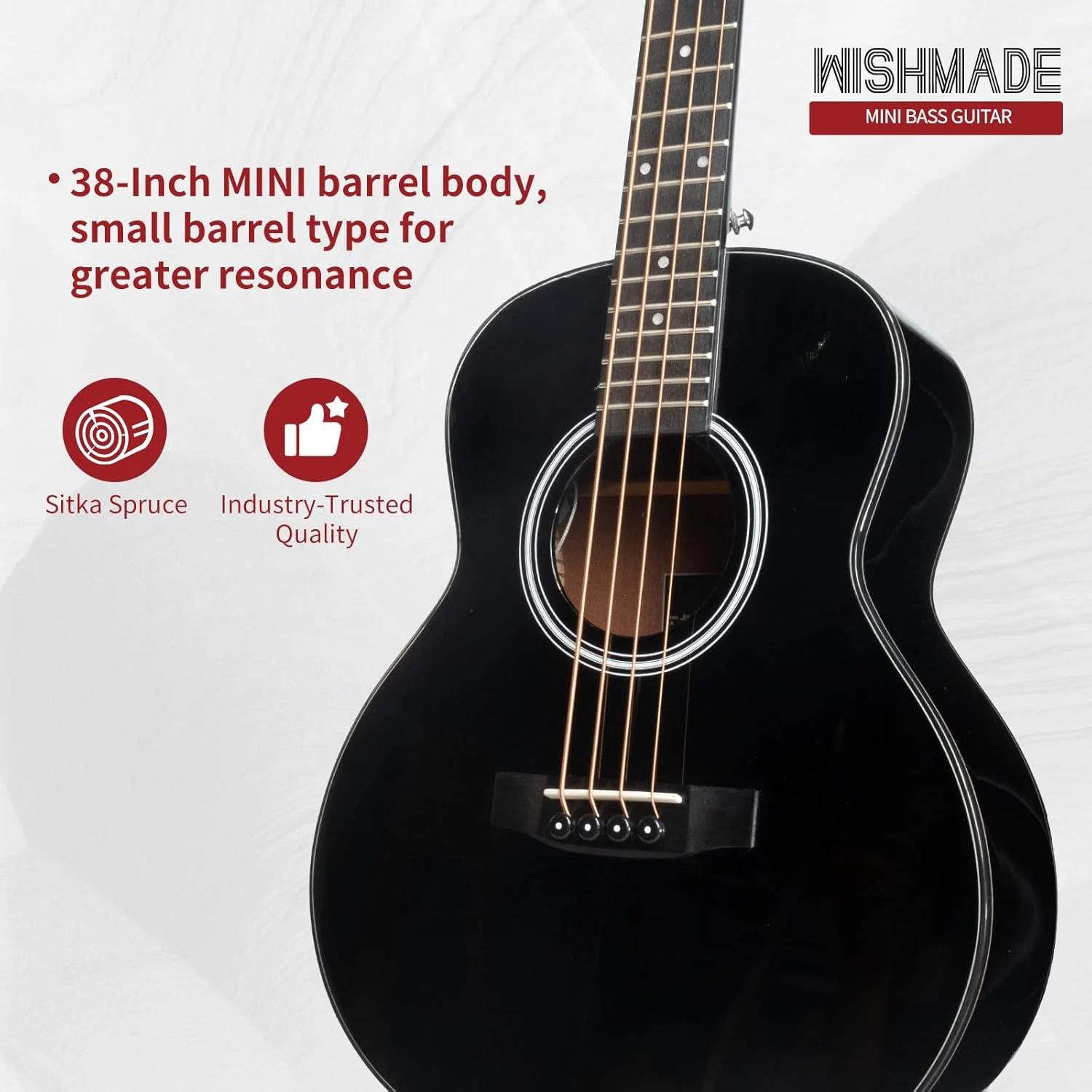 گیتار آکوستیک مینی WISHMADE | گیتارهای باس مسافرتی الکتریکی برای مبتدیان | ساختار ماهون، صفحه رویی صنوبر به همراه کیف (4 سیم مشکی)