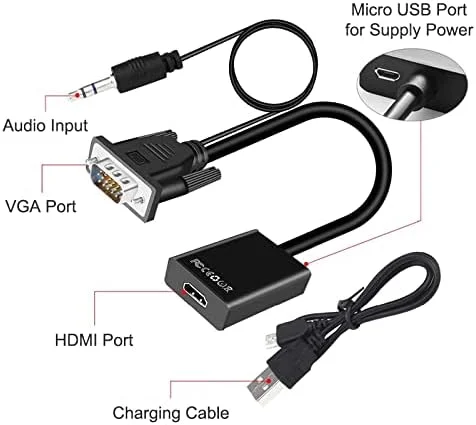 تبدیل VGA به HDMI، مبدل VGA نر به HDMI ماده با جک صوتی 3.5 میلی‌متری، کیفیت Full HD 1080P برای اتصال مانیتور، کامپیوتر شخصی، لپ‌تاپ، کامپیوتر رومیزی، تلویزیون HD، پروژکتور، DVD و صفحه نمایش بزرگ مناسب برای جلسات اداری