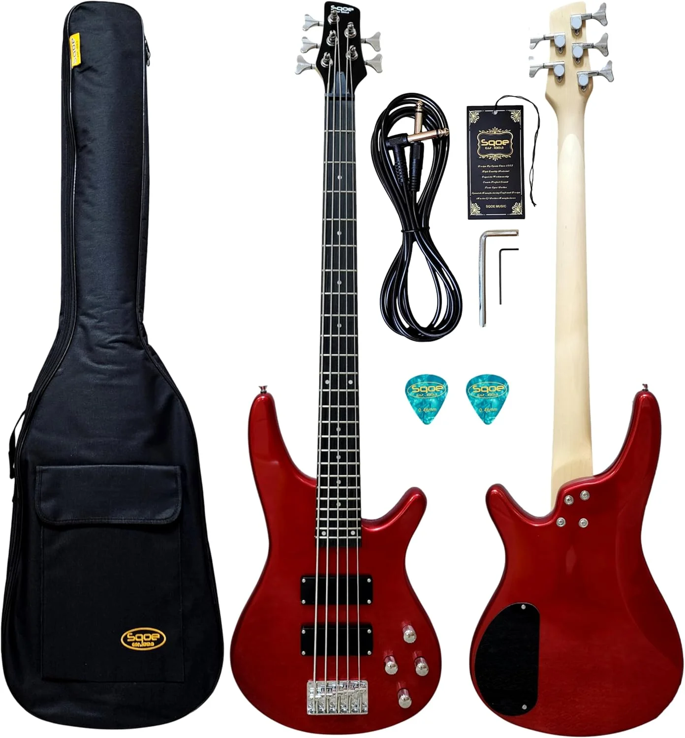 گیتار باس الکتریکی 5 سیم برند معتبر اسپانیایی چوب یکپارچه با لوازم جانبی مشکی (قرمز براق)