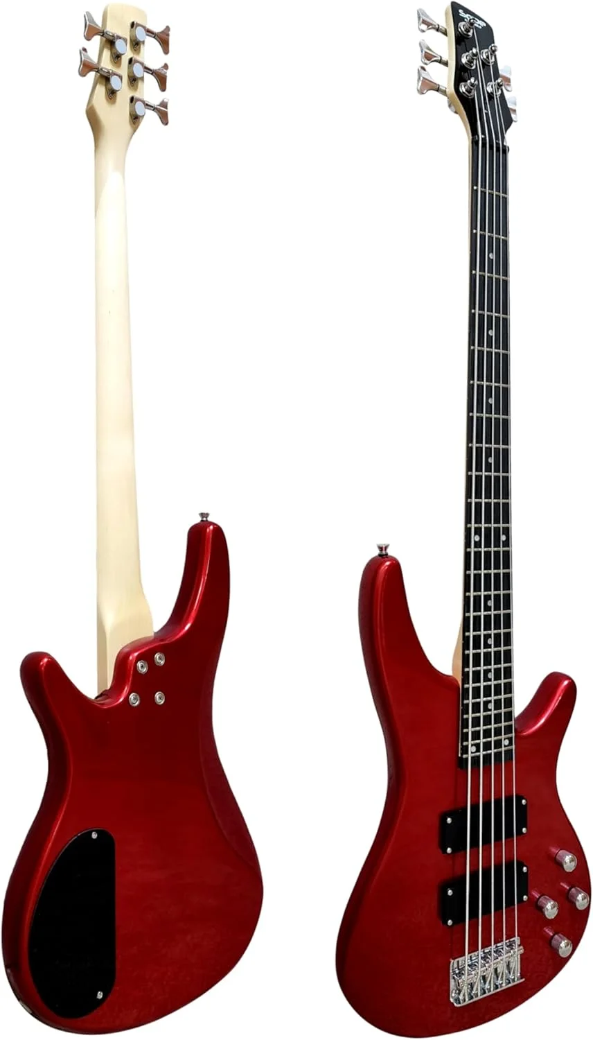 گیتار باس الکتریکی 5 سیم برند معتبر اسپانیایی چوب یکپارچه با لوازم جانبی مشکی (قرمز براق)