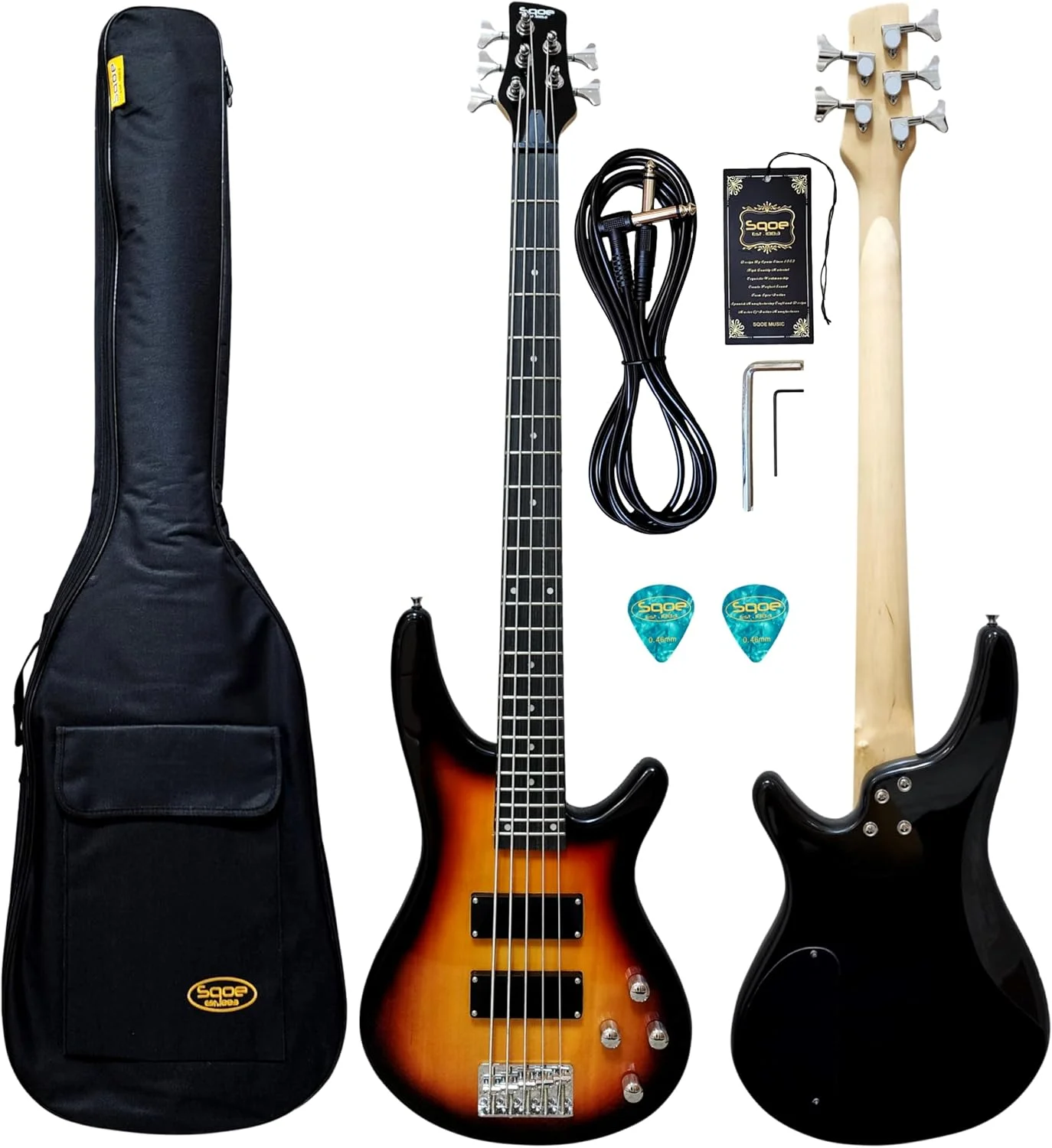 گیتار باس الکتریکی 5 سیم برند معتبر اسپانیایی چوب جامد با لوازم جانبی مشکی (سانبرست براق)