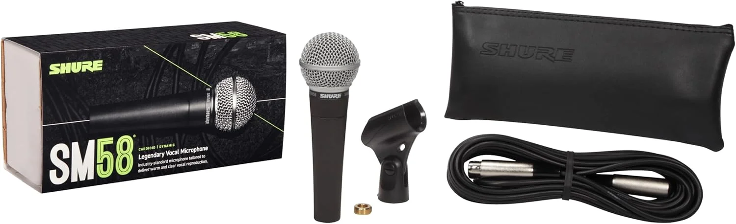 میکروفون داینامیک کاردیوئید Shure SM58 به همراه کابل XLR به طول 25 فوت، سیستم ضد لرزش پنوماتیک، توری کروی با فیلتر پاپ داخلی، گیره میکروفون A25D، کیف نگهداری و کانکتور XLR 3 پین (SM58-CN)