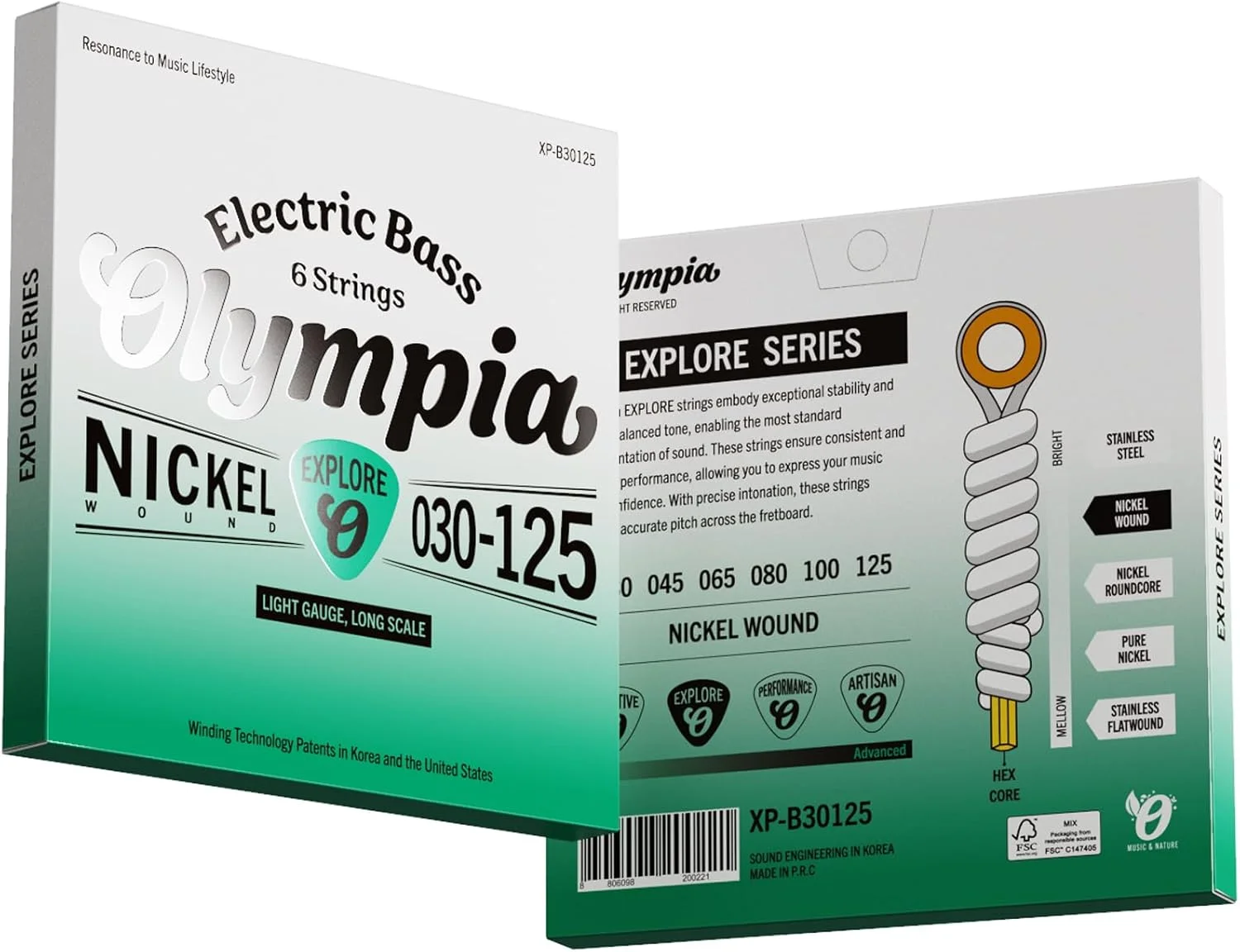 سیم های گیتار باس الکتریک 6 سیم المپیا سری Explore – روکش نیکل – ضخامت کم 030–125 – مقیاس بلند – صدای متعادل روشن – هسته شش ضلعی – XP-B30125