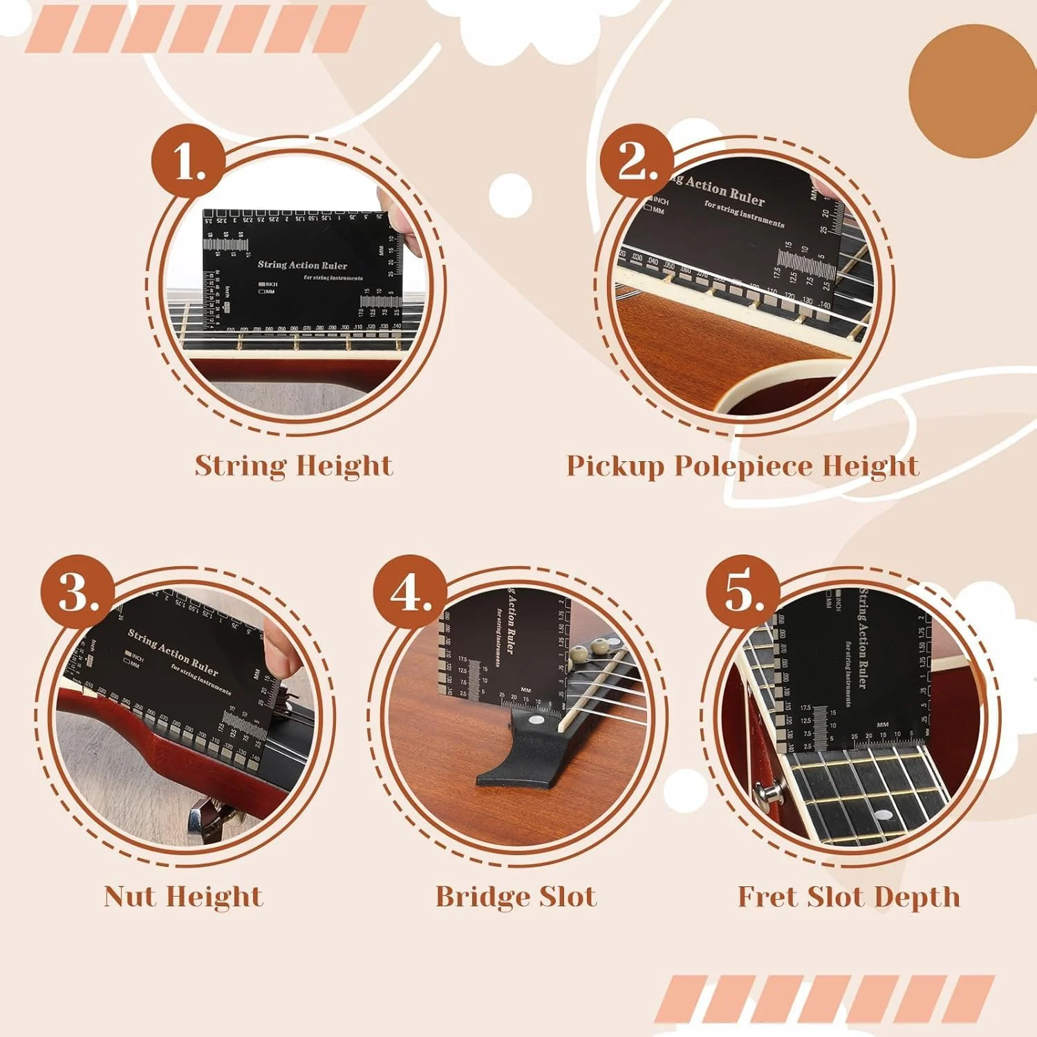 ابزار اندازه گیری اکشن سیم گیتار، ابزار اندازه گیری ارتفاع سیم برای گیتارهای الکتریک، آکوستیک و باس، خط کش دقیق برای تنظیم ساز، مناسب برای سازندگان، نوازندگان و تکنسین های گیتار، مشکی بادوام