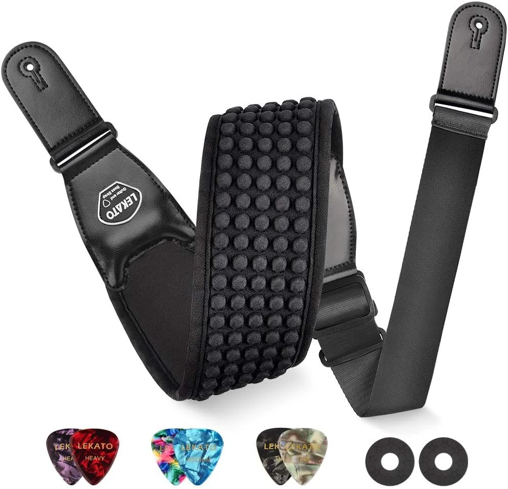 بند گیتار باس LEKATO، بند گیتار فوم نئوپرن پد دار، بند شانه راحت با انتهای چرمی اصل، بند باس پهن و راحت برای گیتار باس، گیتار آکوستیک الکتریک