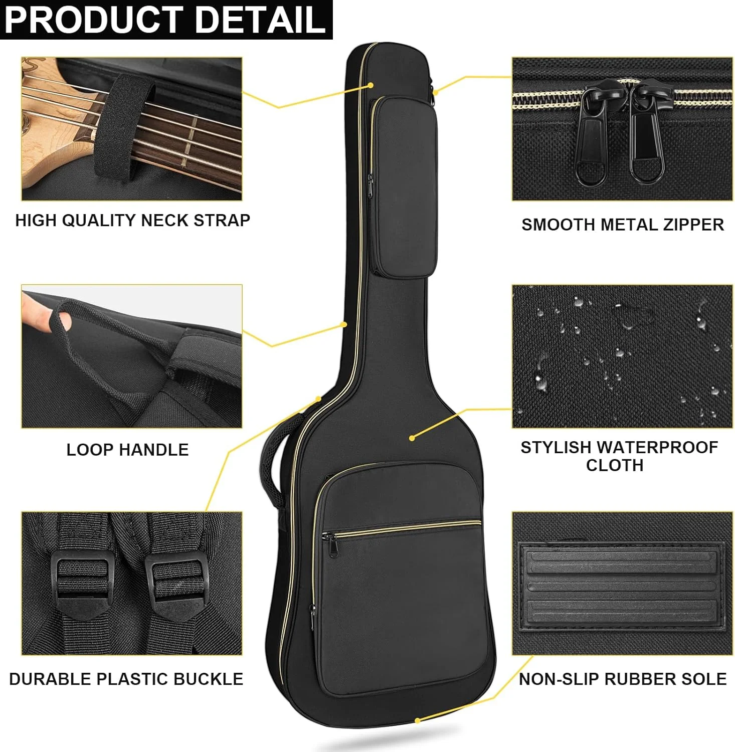 کیف گیتار باس LETSROCK، کیف گیتار باس با لایه ضخیم ضد آب 0.9 سانتی‌متری، کوله پشتی نرم گیتار باس الکتریکی، بند دوشی دوتایی قابل تنظیم، جیب و حلقه آویز پشتی، مشکی