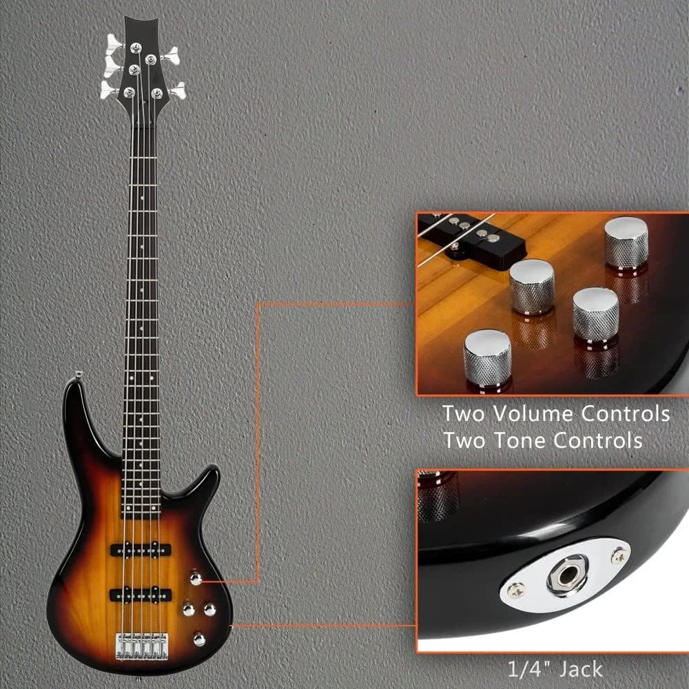 گیتار باس الکتریکی Ktaxon، 5 سیم، به همراه آمپلی فایر 20 واتی، پیکاپ JB، دسته چوب افرا خشک شده در هوا، صفحه انگشتی رزوود، بدنه چوب باس (Sunset)