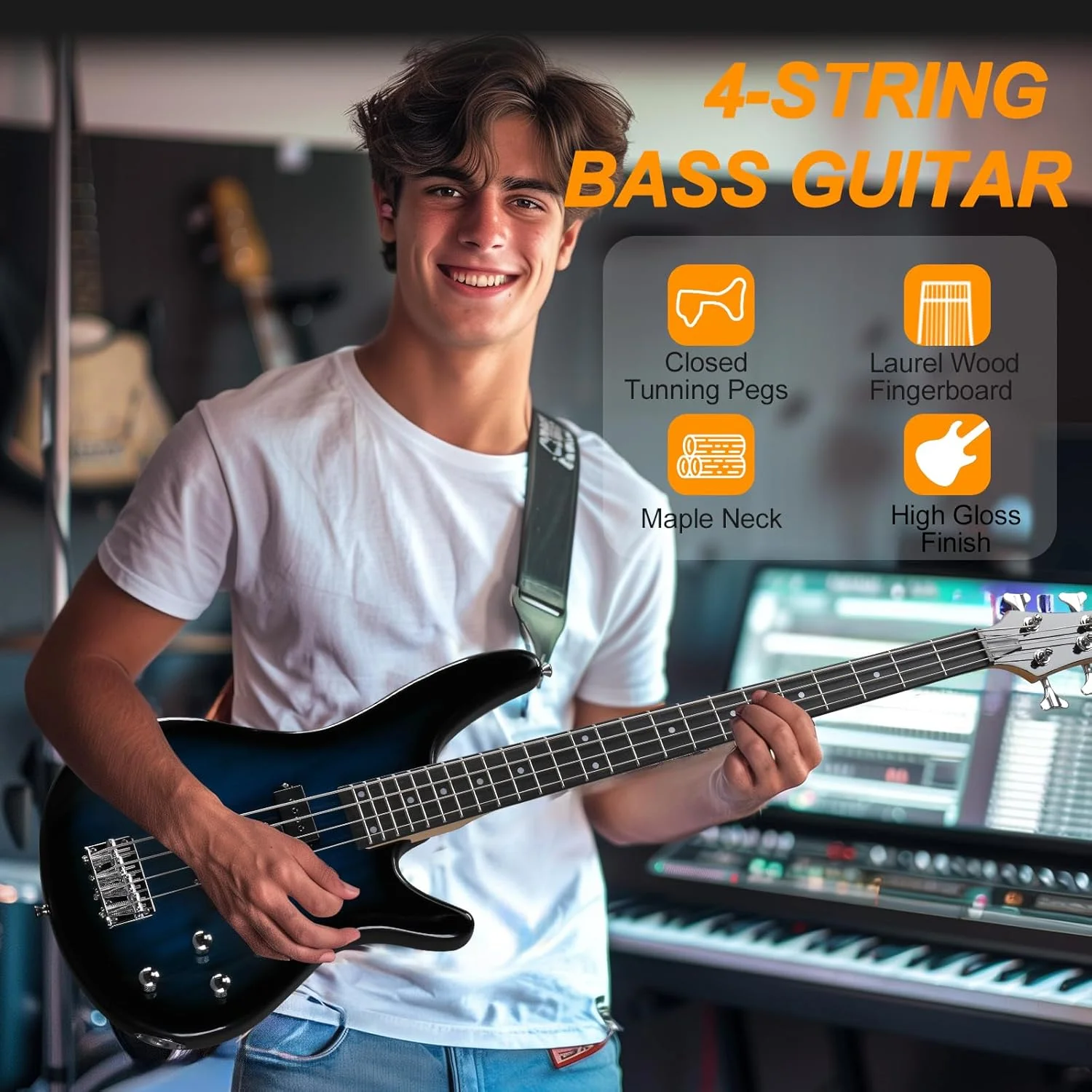 گیتار باس الکتریکی Ktaxon، 4 سیم، به همراه آمپلی فایر 20 واتی، پیکاپ نوع PJ، دسته چوب افرا خشک شده در هوا، صفحه انگشتی رزوود، بدنه چوب باس (آبی)