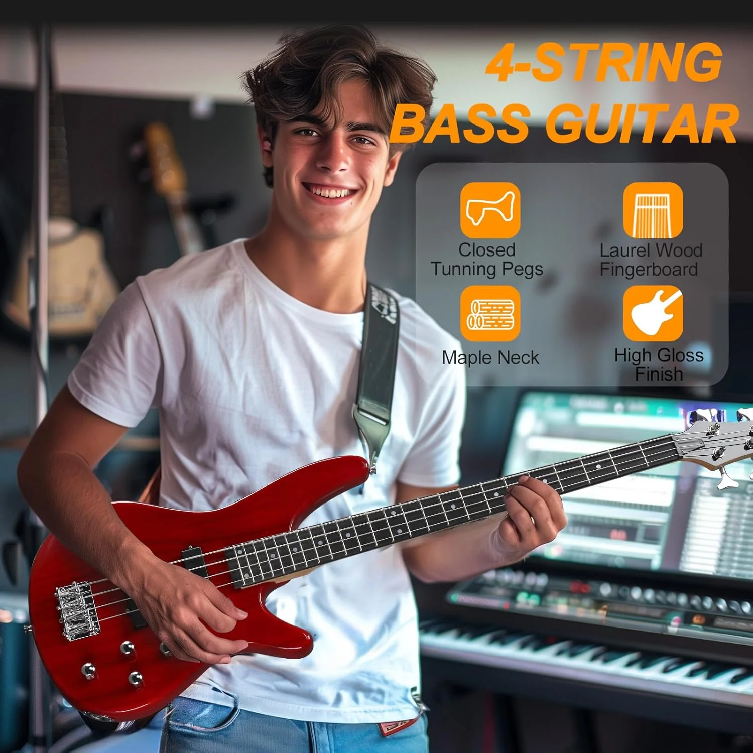 گیتار باس الکتریکی Ktaxon، 4 سیم، به همراه آمپلی فایر 20 واتی، پیکاپ نوع PJ، دسته چوب افرا خشک شده در هوا، صفحه انگشتی رزوود، بدنه چوب باس (قرمز)