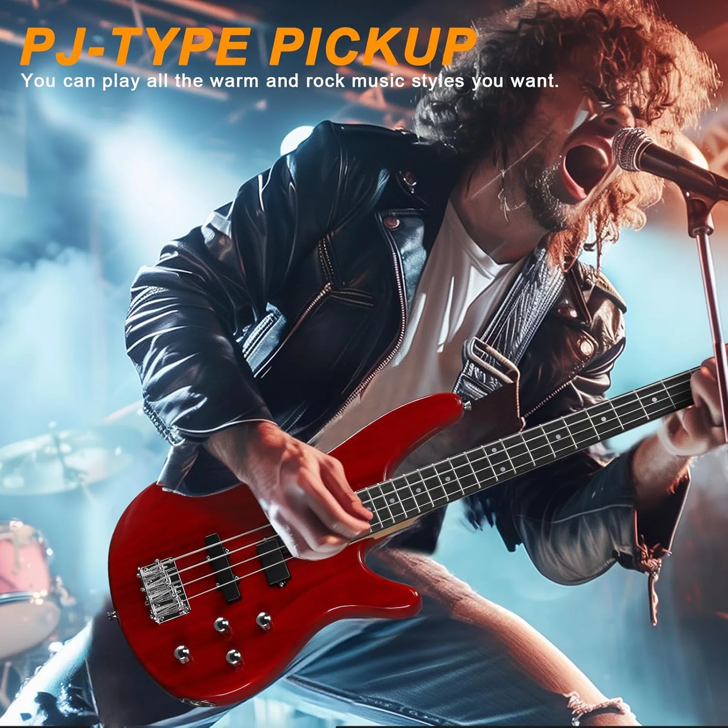 گیتار باس الکتریکی Ktaxon، 4 سیم، به همراه آمپلی فایر 20 واتی، پیکاپ نوع PJ، دسته چوب افرا خشک شده در هوا، صفحه انگشتی رزوود، بدنه چوب باس (قرمز)