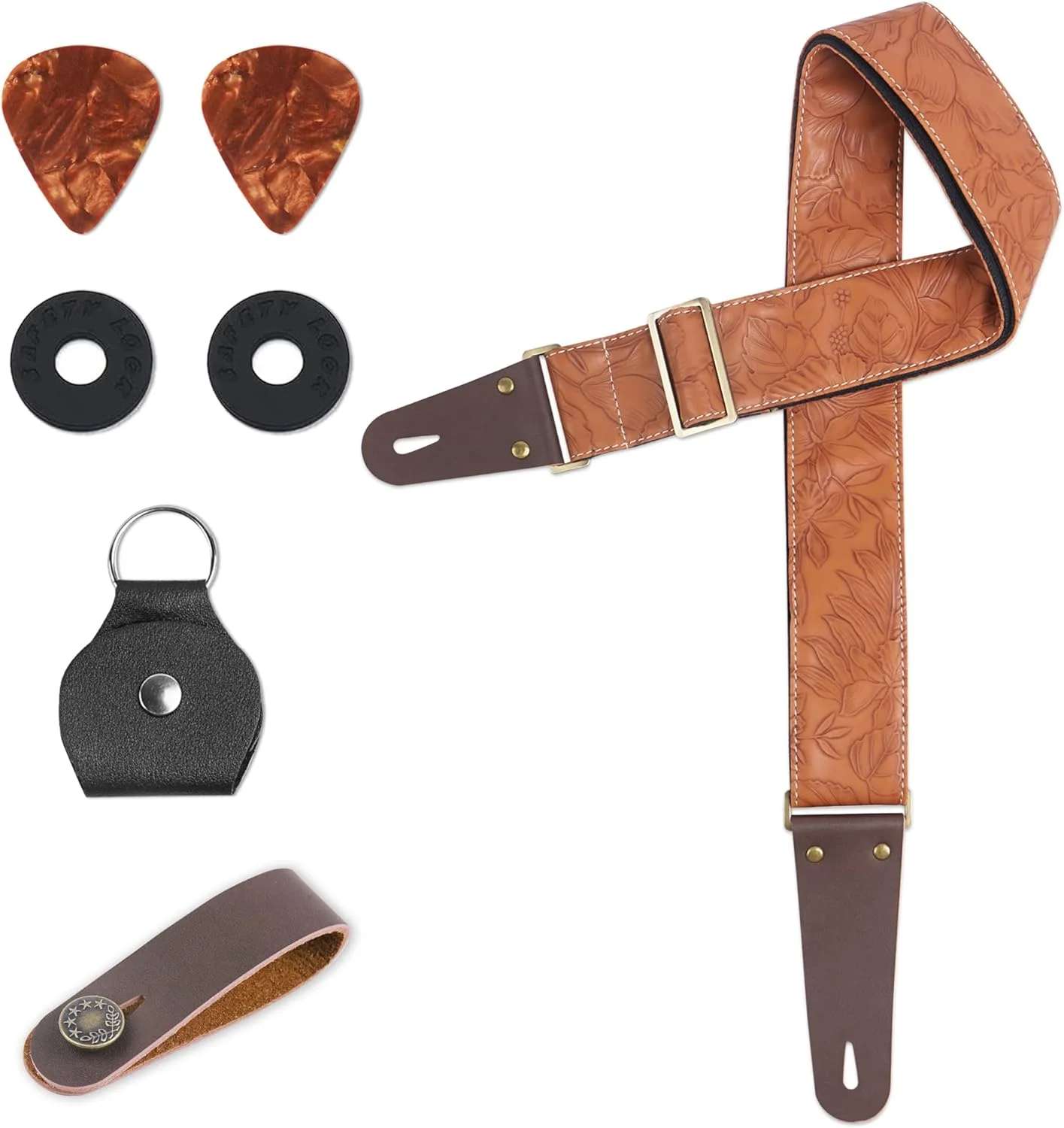بند گیتار قابل تنظیم به همراه 2 قفل بند و 2 پیک هماهنگ. بند شانه گیتار با سر چرمی مناسب برای گیتار آکوستیک، گیتار الکتریک، هدیه کریسمس برای نوازنده گیتار