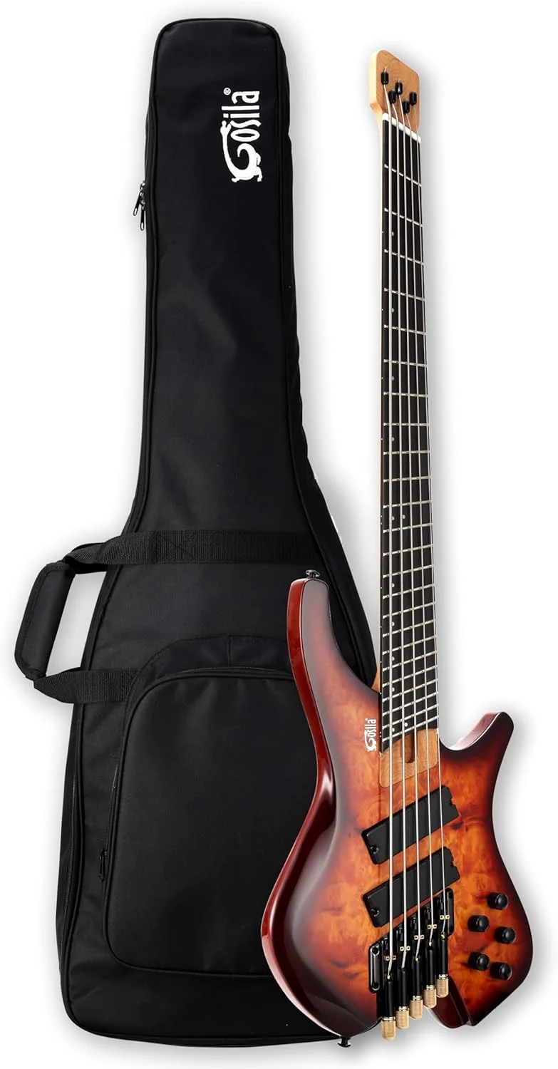 گیتار باس الکتریک بدون سر 5 سیم بدنه صنوبر، گردن افرا فیبر کربنی، فرت دار