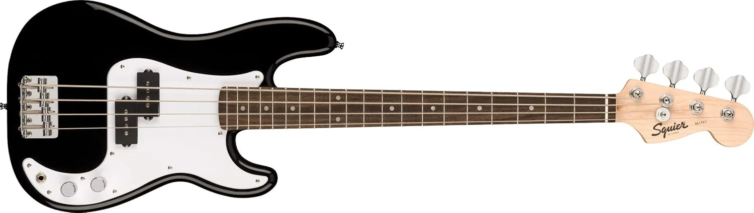 گیتار باس کوتاه مقیاس Fender Squier Mini Precision با دسته افرا، صفحه انگشت‌گذاری Laurel، ماشین‌های کوک دایکست مهر و موم شده و پیکاپ Split Single-Coil، گردن افرا، مشکی