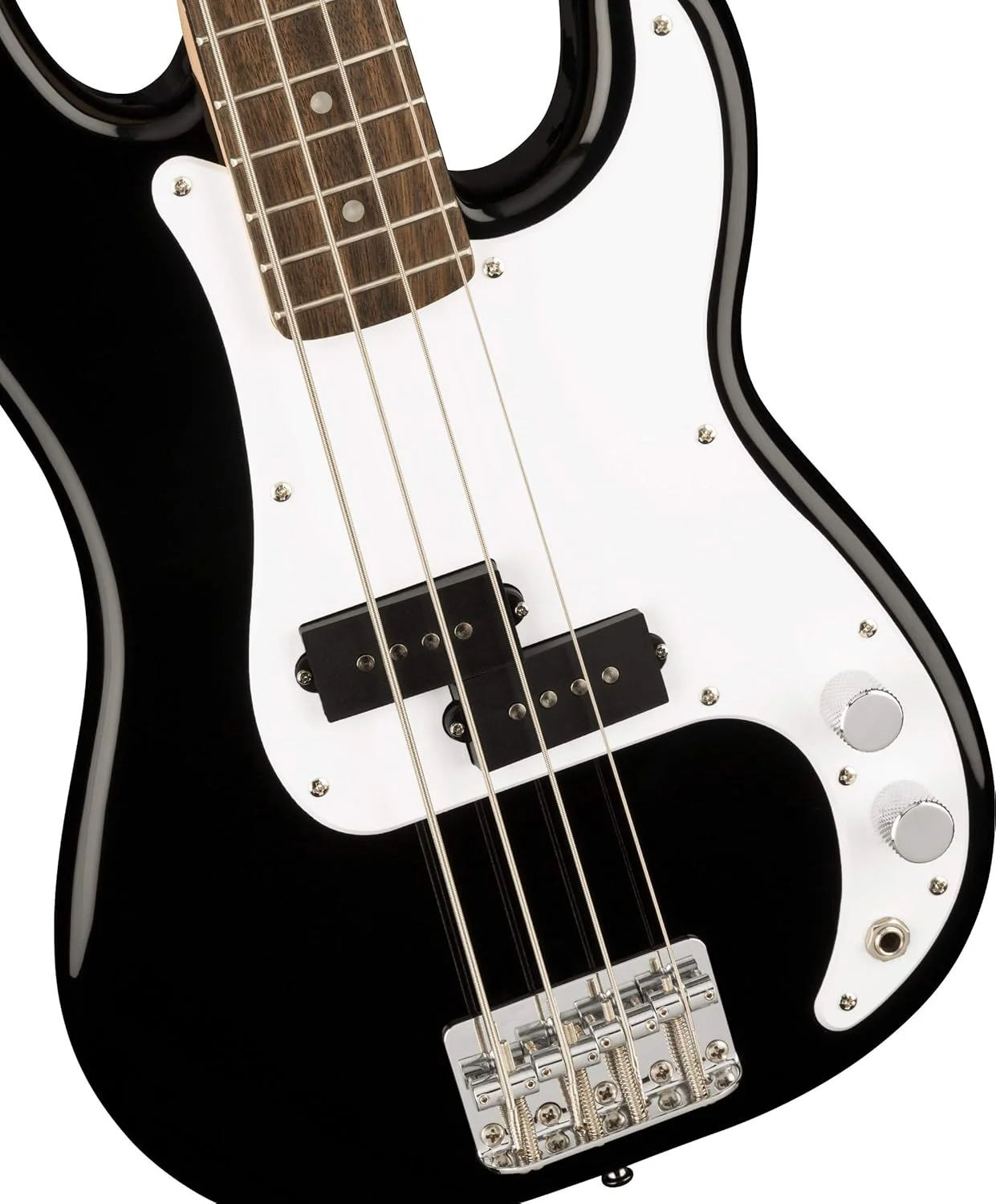 گیتار باس کوتاه مقیاس Fender Squier Mini Precision با دسته افرا، صفحه انگشت‌گذاری Laurel، ماشین‌های کوک دایکست مهر و موم شده و پیکاپ Split Single-Coil، گردن افرا، مشکی