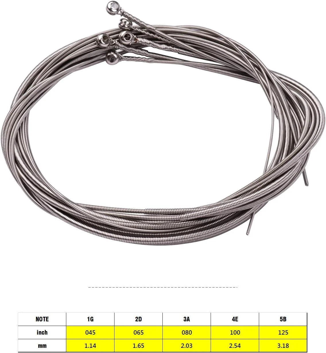 Eujgoov DN-045125 ست سیم 5 تایی استیل ضد زنگ برای گیتار باس 5 سیم، سیم های گیتار باس، سیم داخلی آلیاژ شش ضلعی فولاد کربنی بالا، سیم پیچیده شده نیکلی با کشش فوق العاده سبک