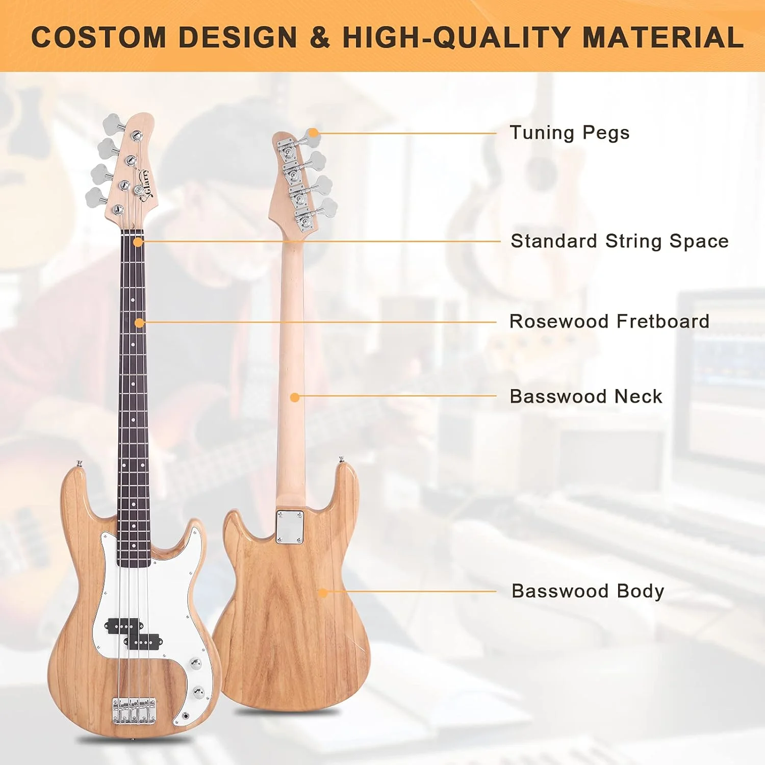 گیتار باس الکتریکی گلاری سایز کامل 4 سیم چوب رزوود بدنه چوب لیمو طرح آتشین باس سوزان نفیس (چوب گره دار)