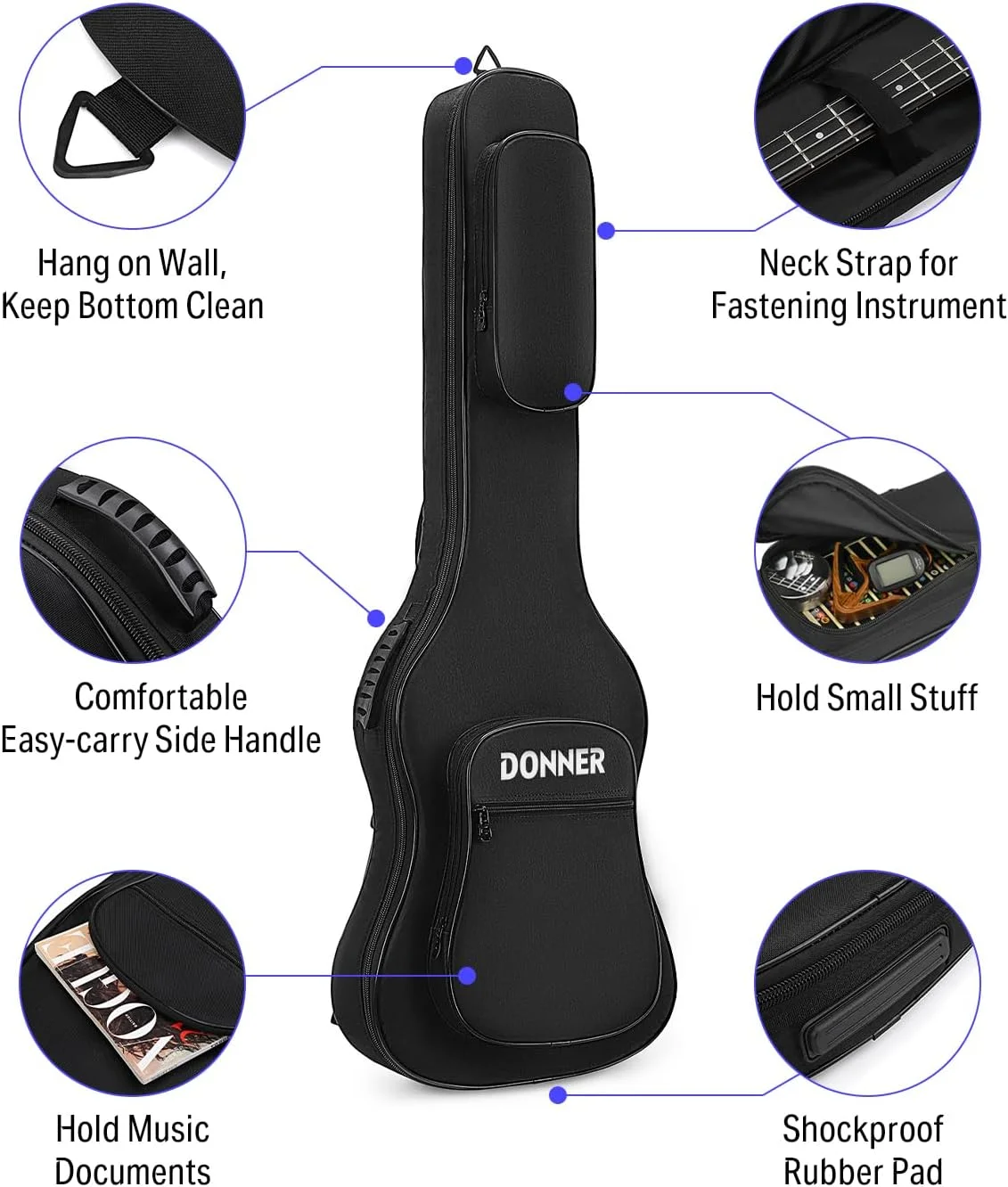 کیف گیتار باس الکتریک Donner سایز 47 اینچ با ضخامت 10 میلی‌متر، کوله پشتی نرم و مقاوم، دارای لایه داخلی ضد آب و پد اسفنجی ضخیم، مشکی