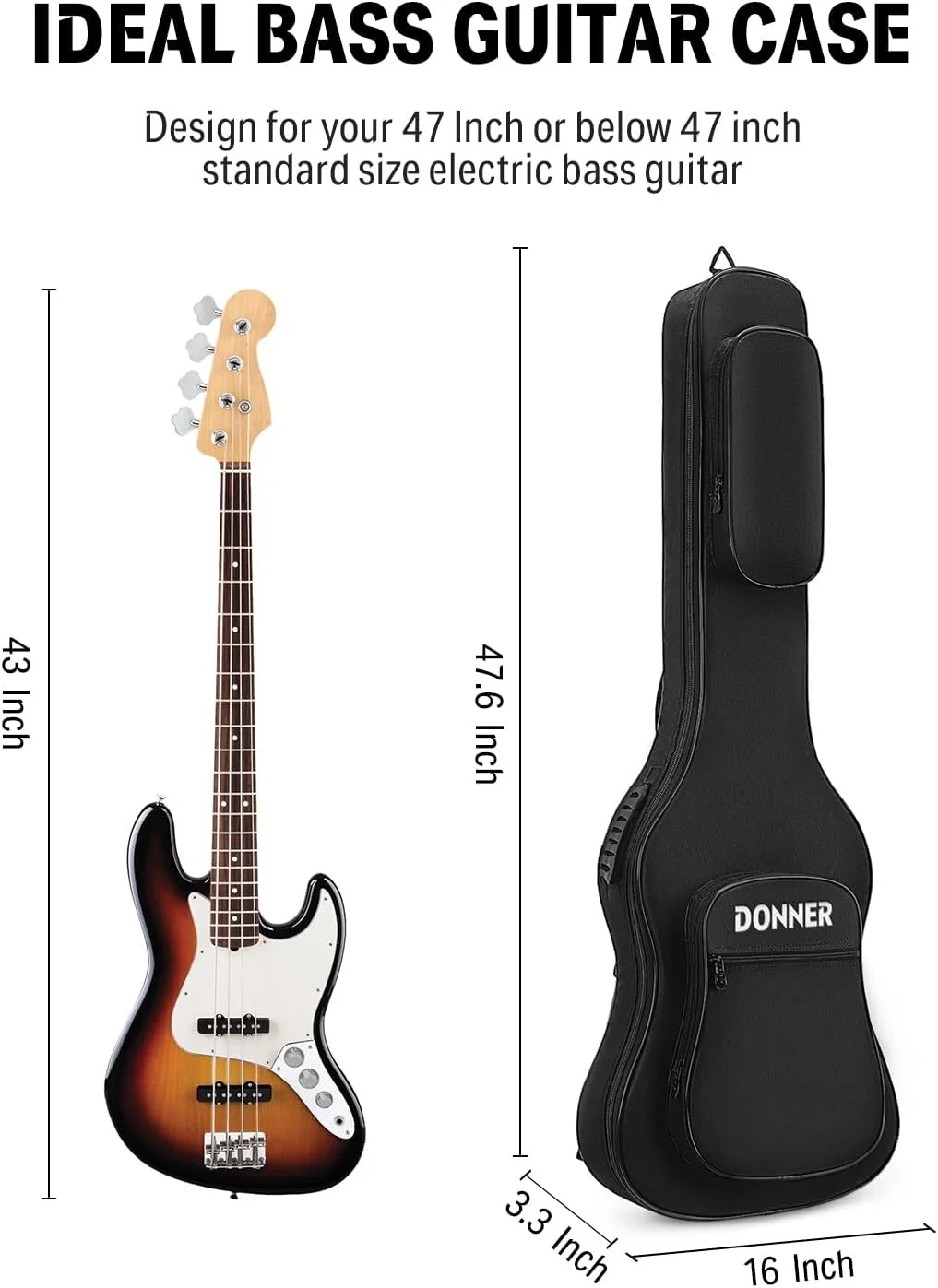 کیف گیتار باس الکتریک Donner سایز 47 اینچ با ضخامت 10 میلی‌متر، کوله پشتی نرم و مقاوم، دارای لایه داخلی ضد آب و پد اسفنجی ضخیم، مشکی