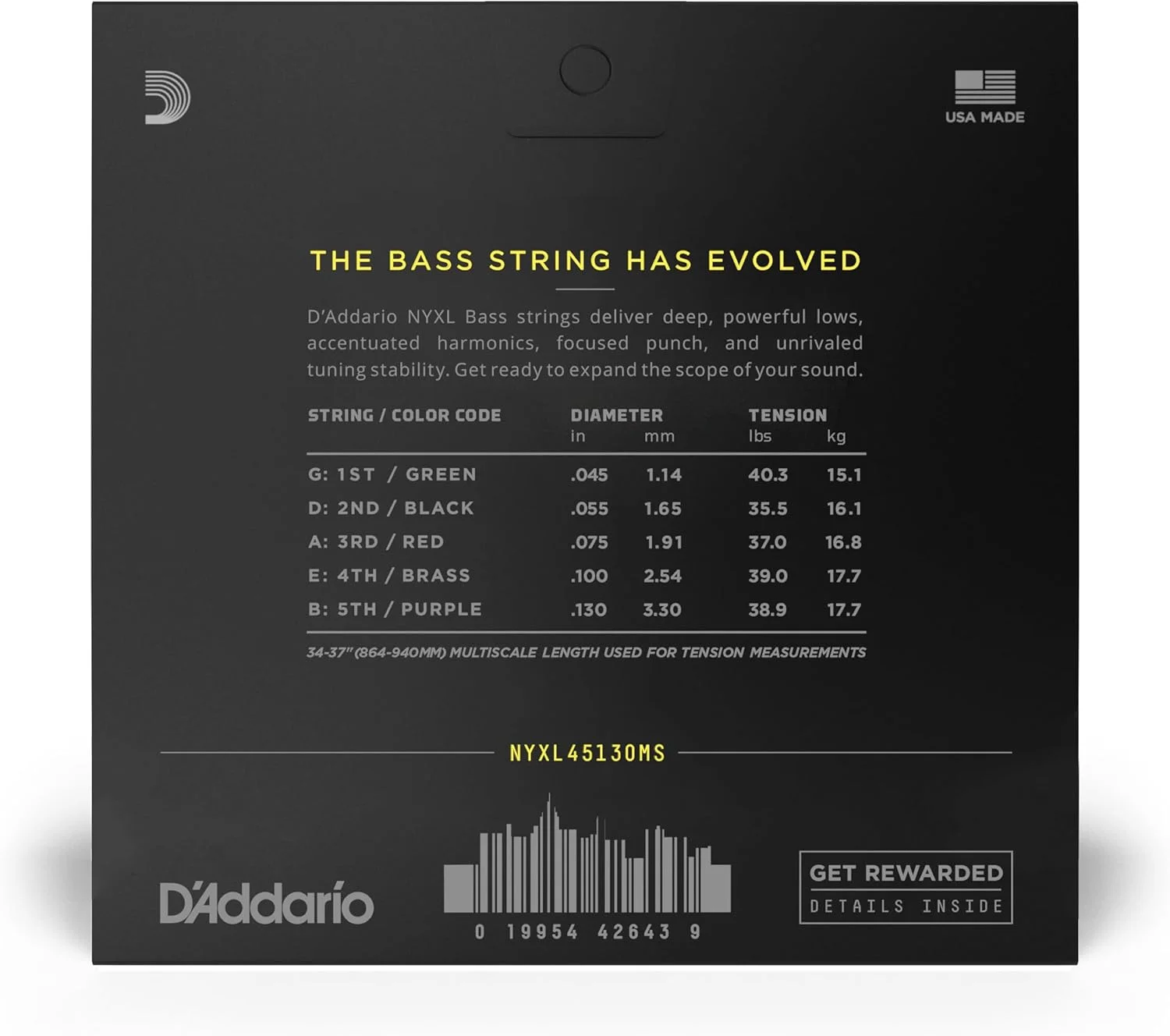 سیم گیتار باس D'Addario، روکش نیکل NYXL، NYXL45130MS، ضخامت Regular Light 45-130، مقیاس چندگانه، ست 5 سیم، بسته 1 عددی