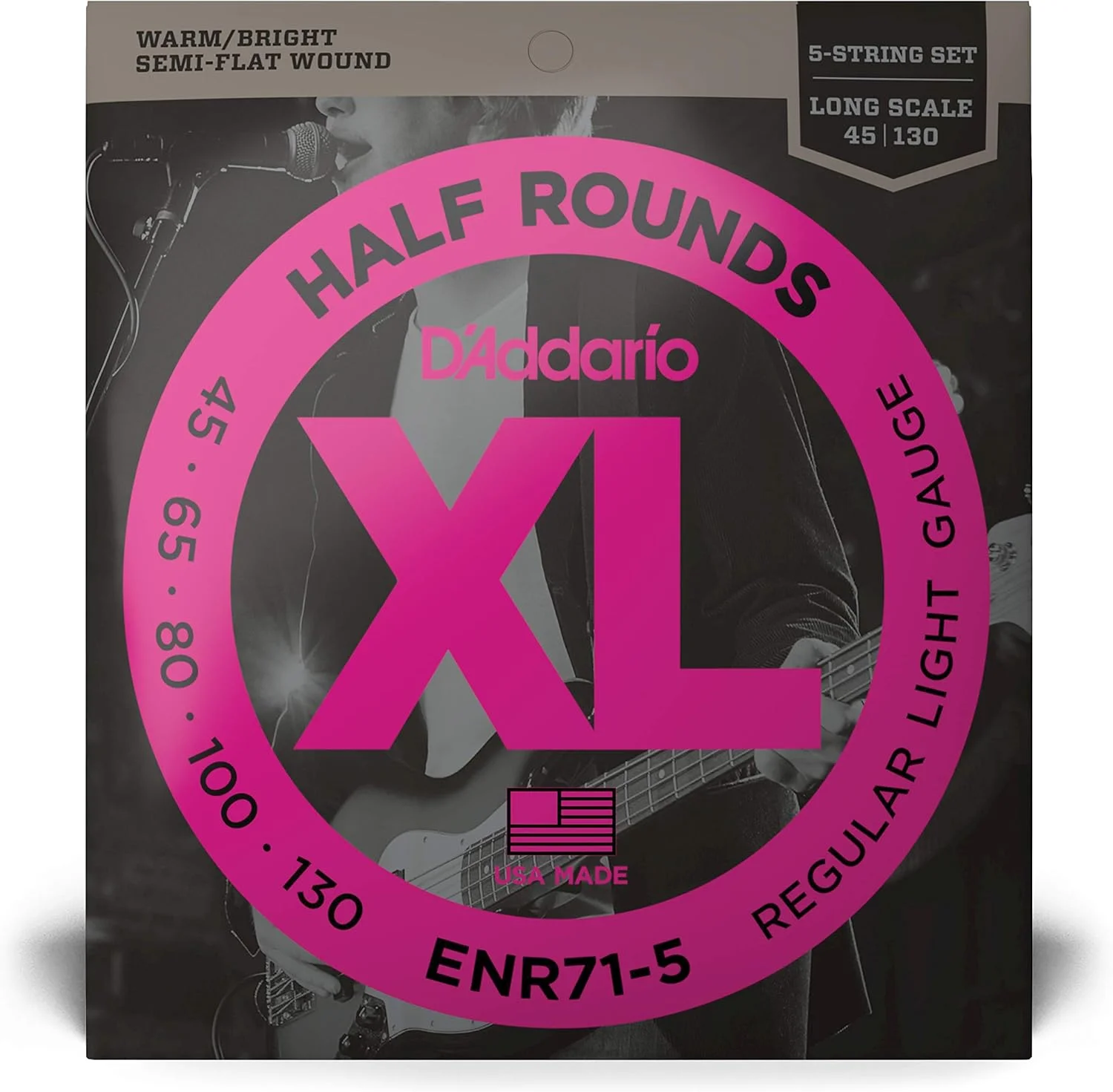 سیم های گیتار باس D'Addario XL Half Rounds - ENR71-5 - 5 سیم - مقیاس بلند - Regular Light, 45-130