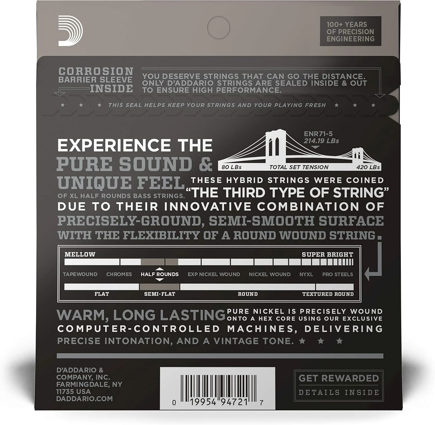 سیم های گیتار باس D'Addario XL Half Rounds - ENR71-5 - 5 سیم - مقیاس بلند - Regular Light, 45-130