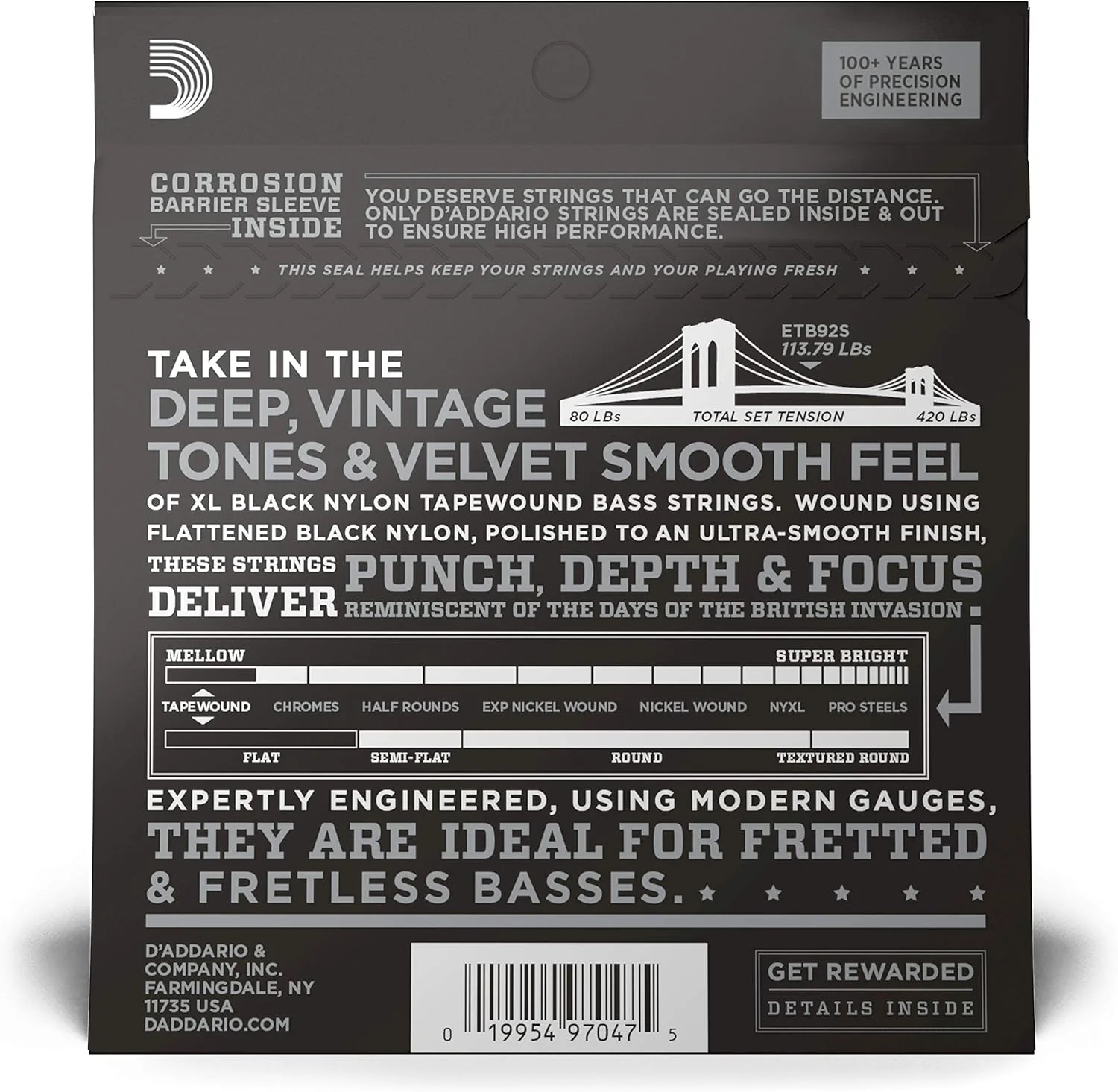 سیم های گیتار باس D'Addario ETB92S Tapewound، مدیوم، 50-105، مقیاس کوتاه