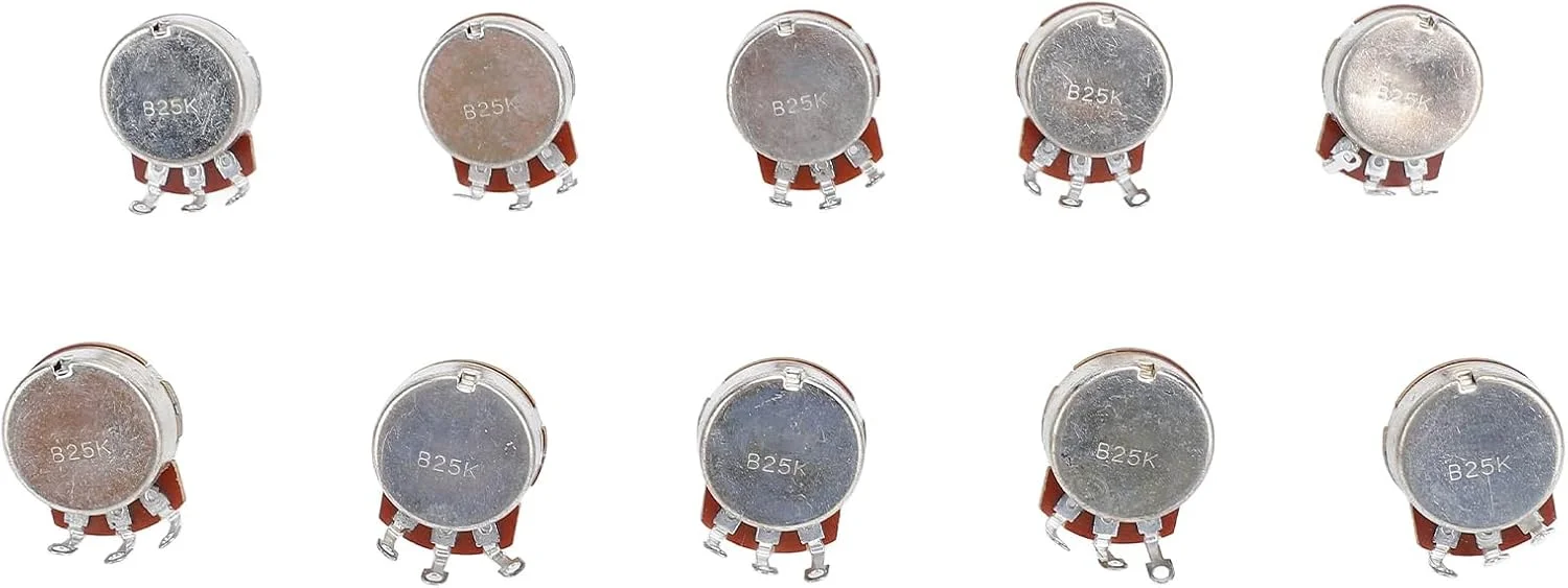 پتانسیومتر گیتار با شفت 18 میلی‌متری 25 کیلواهم 10 عددی، کنترل صدا برای گیتار الکتریک باس، جنس فلزی مناسب برای LP و سایر گیتارهای الکتریکی (B25K)