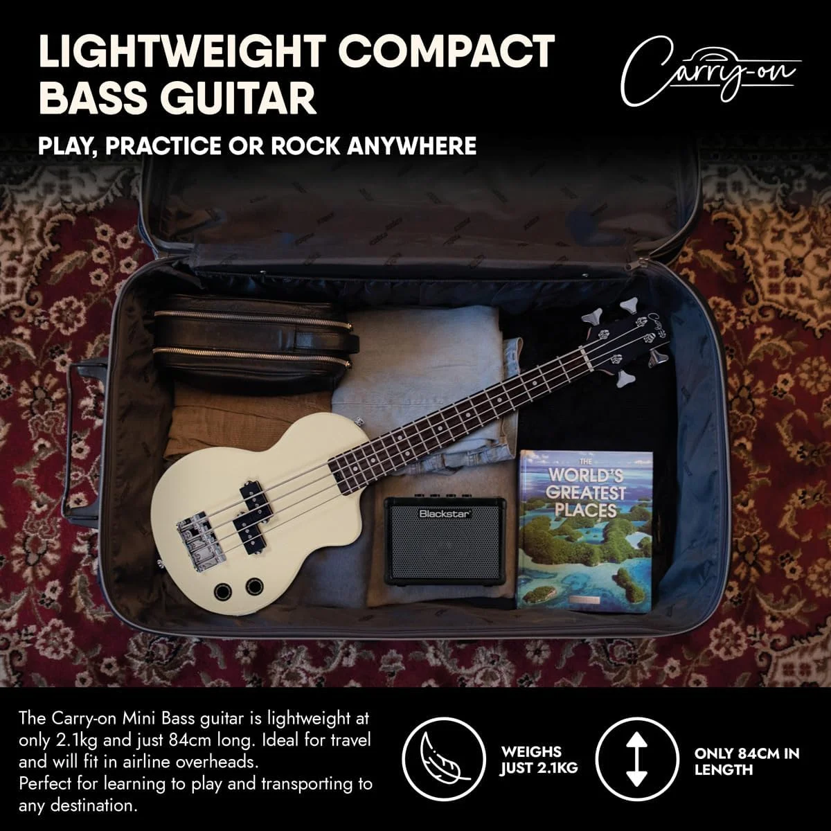 گیتار باس الکتریک کوچک Blackstar مدل Carry-on، سفید عتیقه، مناسب برای کودکان و بزرگسالان، مبتدیان و مسافرت گیتار باس الکتریک کوچک Blackstar مدل Carry-on، سفید عتیقه، مناسب برای کودکان و بزرگسالان، مبتدیان و مسافرت