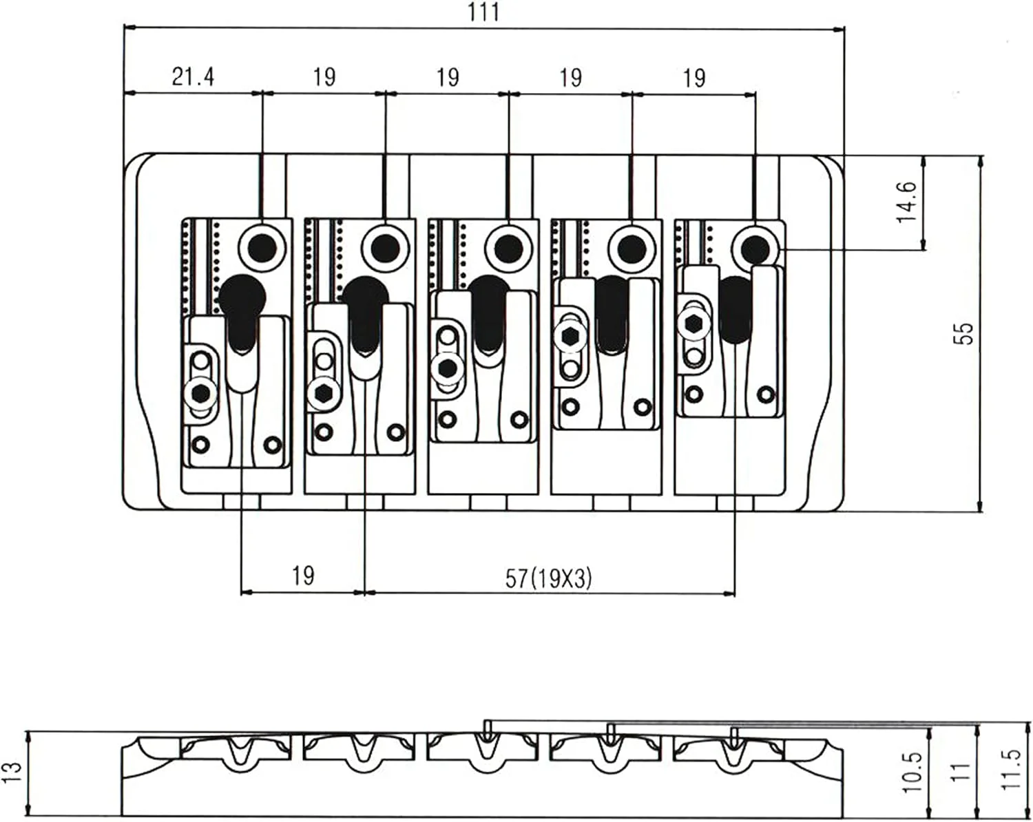 پل گیتار باس پنج سیم کروم با فاصله 19 میلی‌متری سیم، مناسب برای گیتار باس جاز یا پرسیژن