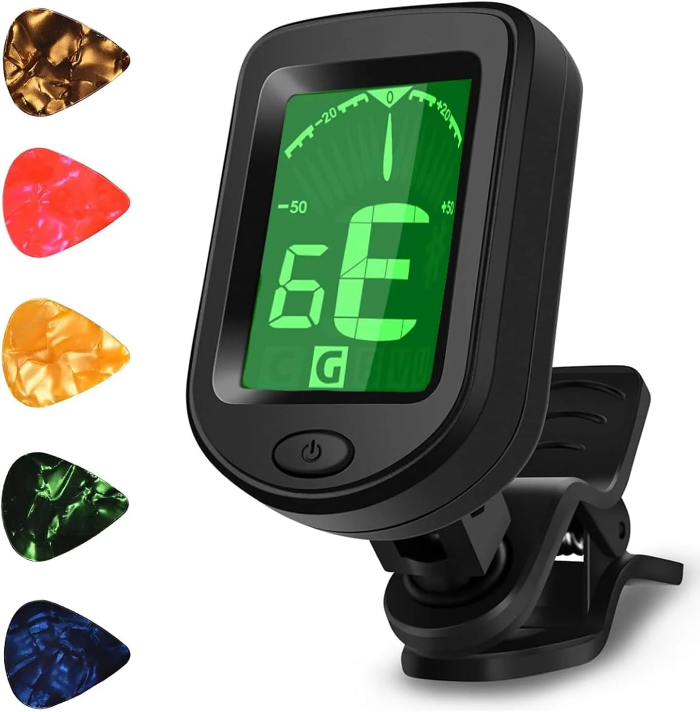 تیونر دیجیتال گیره ای گیتار با صفحه نمایش LCD چرخان به همراه 5 پیک برای سازهای زهی گیتار، باس، یوکللی، ویولن، کروماتیک - مشکی